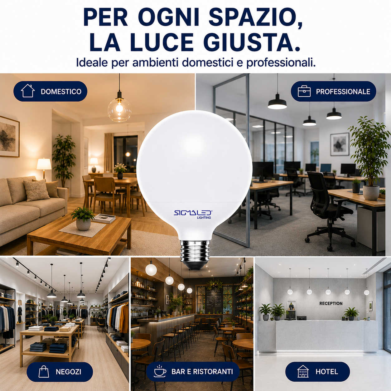 Collage che mostra una lampadina e diversi ambienti: casa, ufficio, negozio, bar, hotel.