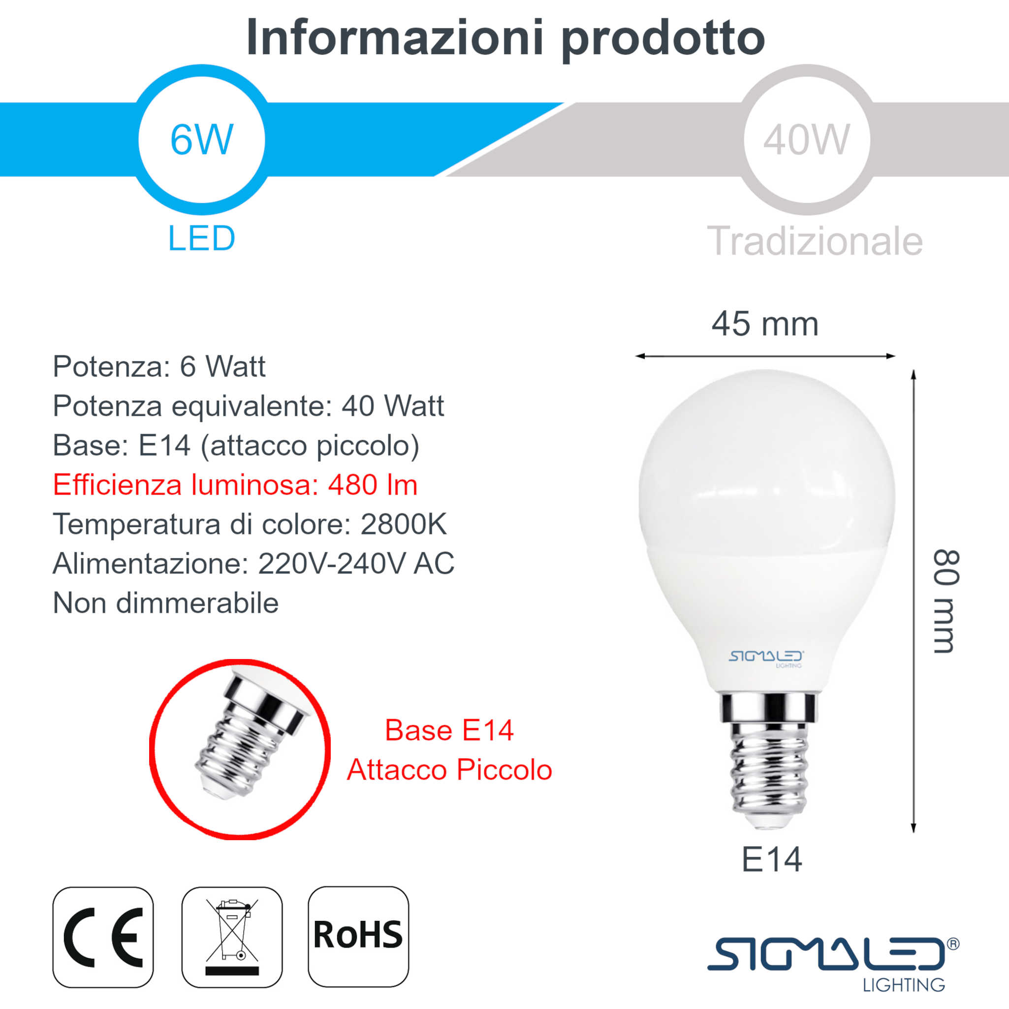 Lampadina LED, 6W, base E14, 480lm, 2800K, 220-240V AC.