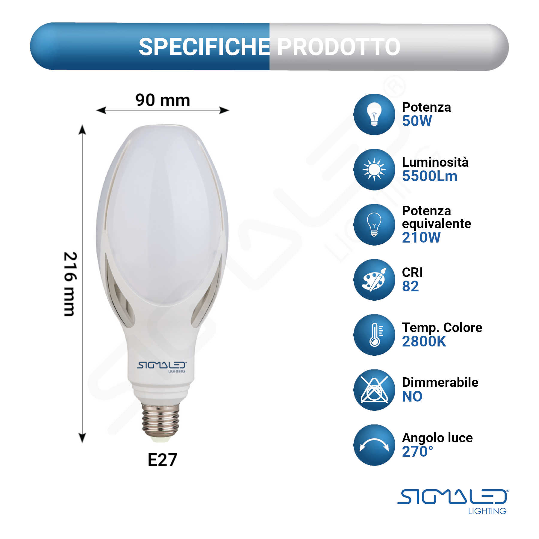 Lampadina LED E27 bianca, 216mm altezza, 90mm larghezza, 50W, 5500Lm.