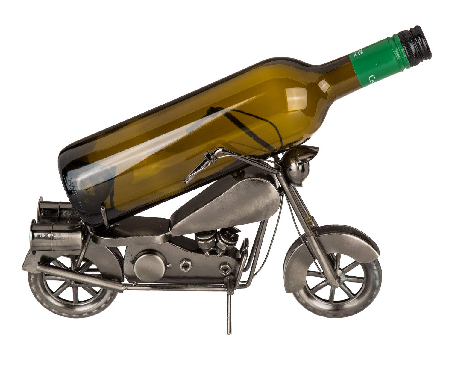 Un portabottiglie in metallo a forma di moto con una bottiglia di vino verde.