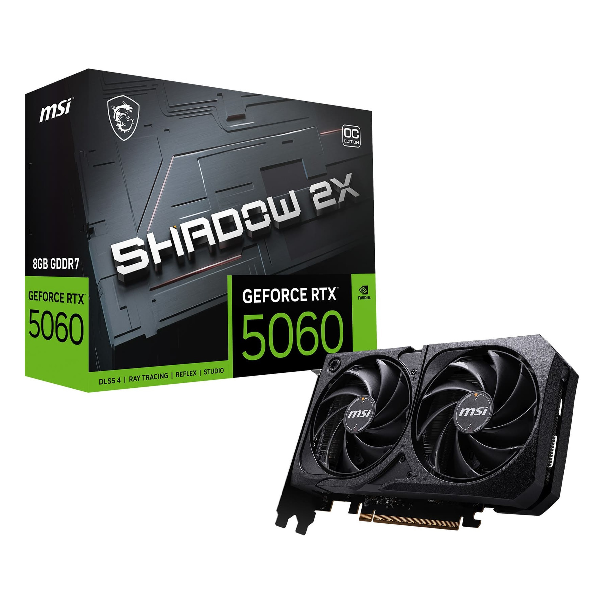 MSI GeForce RTX 5060 ekran kartı, 8GB GDDR7, çift fanlı, kutusunun yanında.