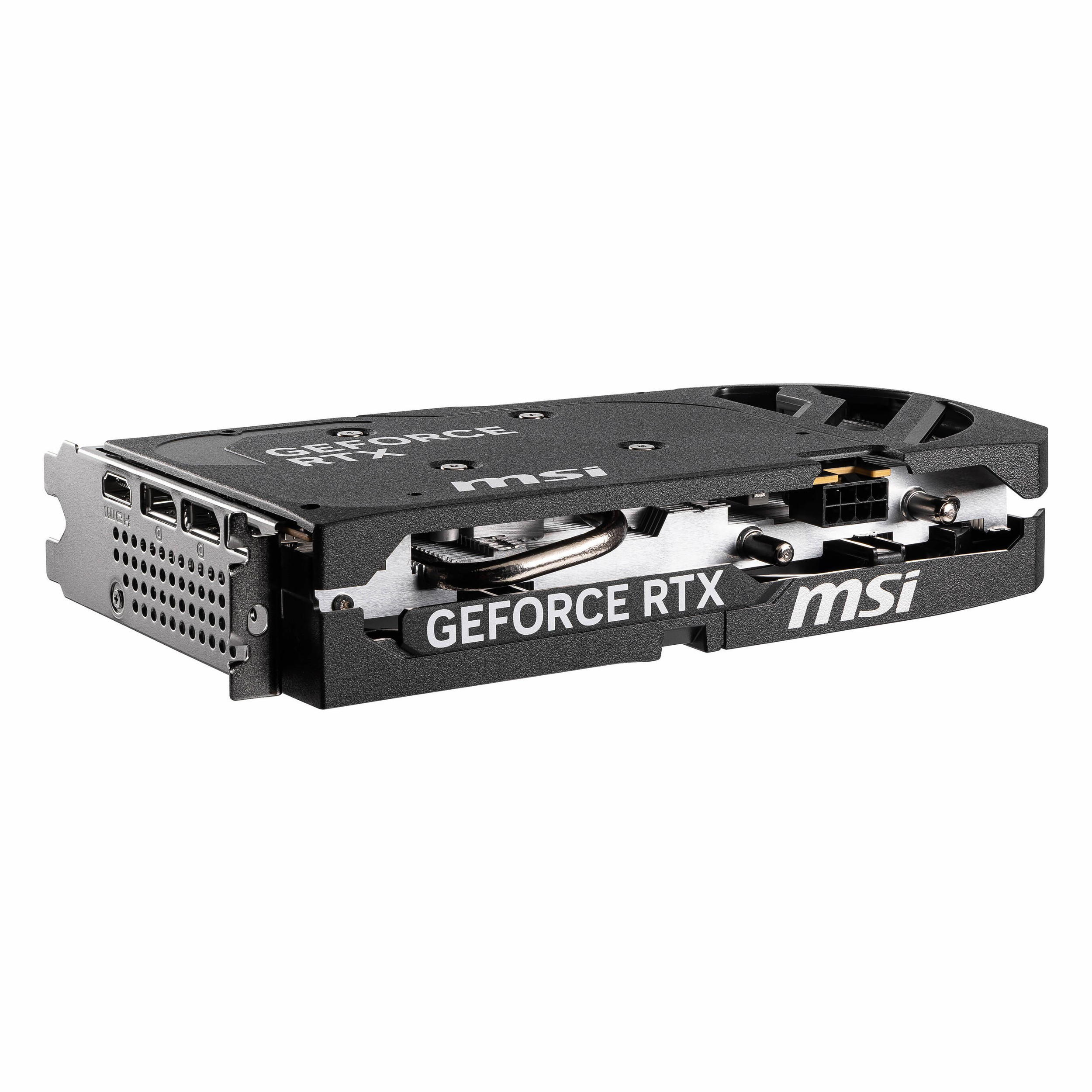 Siyah MSI Geforce RTX grafik kartı, bağlantı noktaları ve fanları ile.