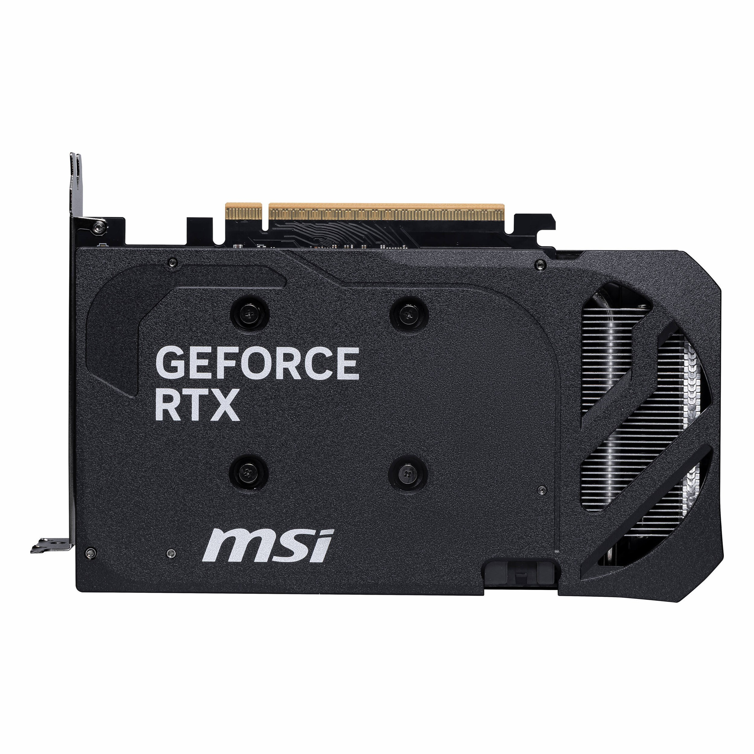 Soğutma kanatçıkları ve konektörlere sahip siyah MSI GeForce RTX ekran kartı.