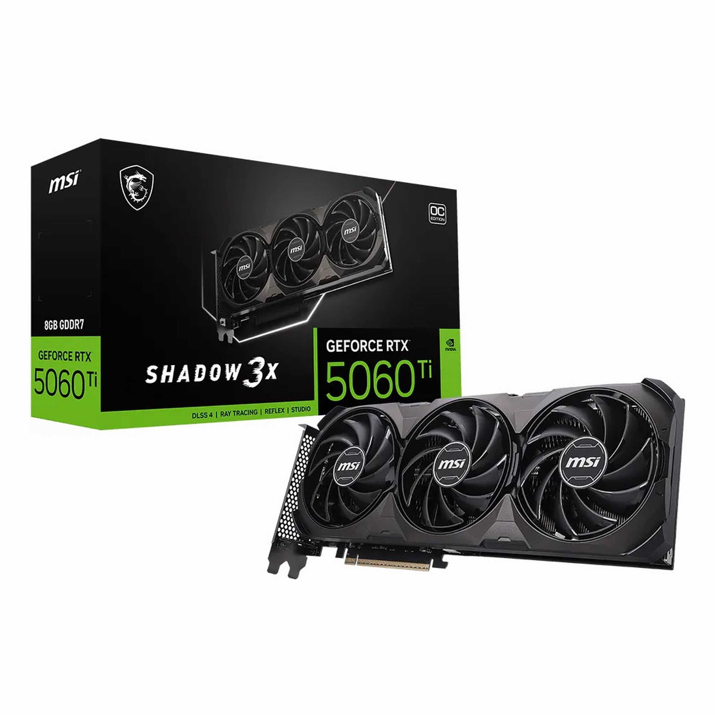 Üç fanlı MSI GeForce RTX 5060 Ti ekran kartı ve siyah ambalajı.