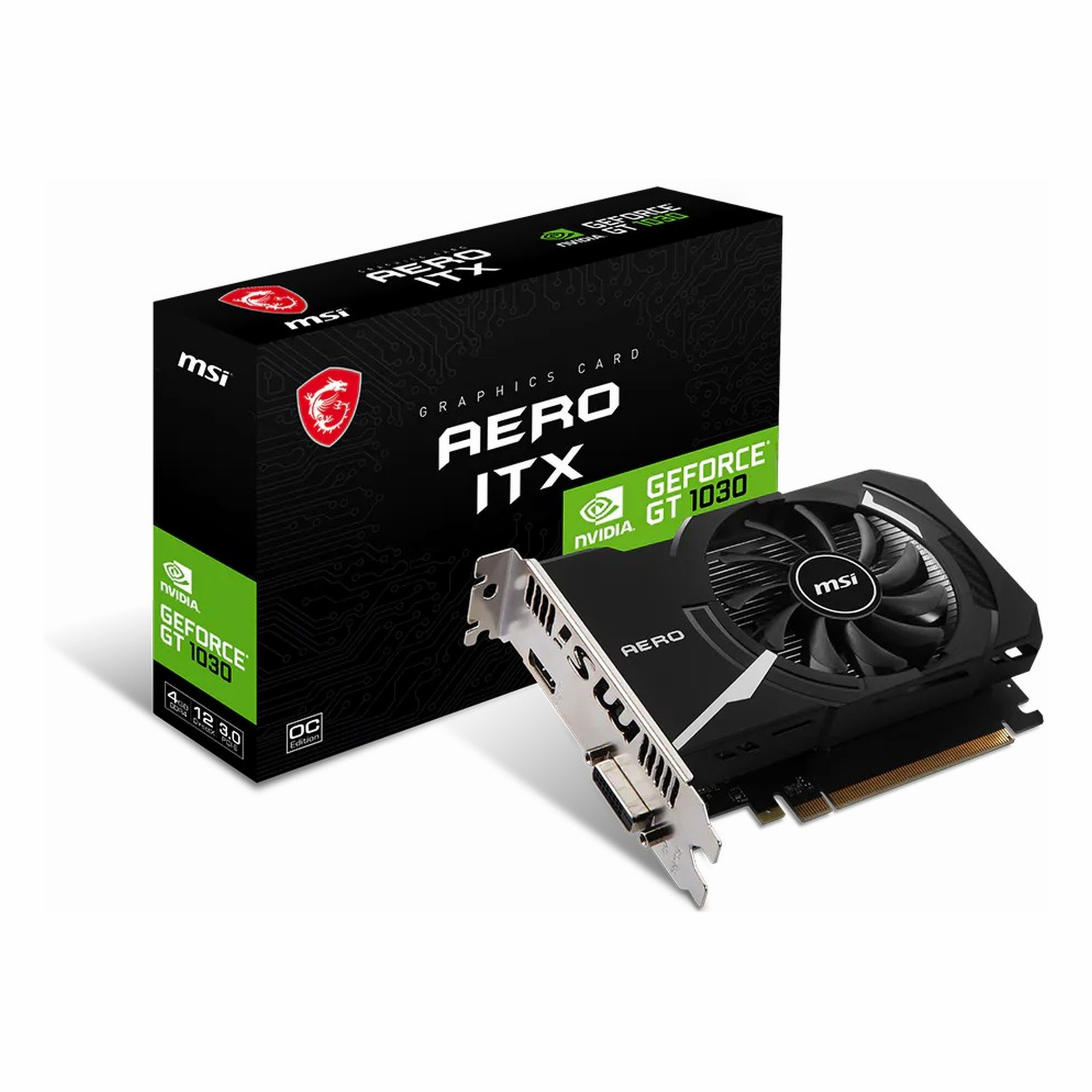 MSI Aero ITX grafik kartı, GeForce GT 1030 ve siyah kutusuyla.