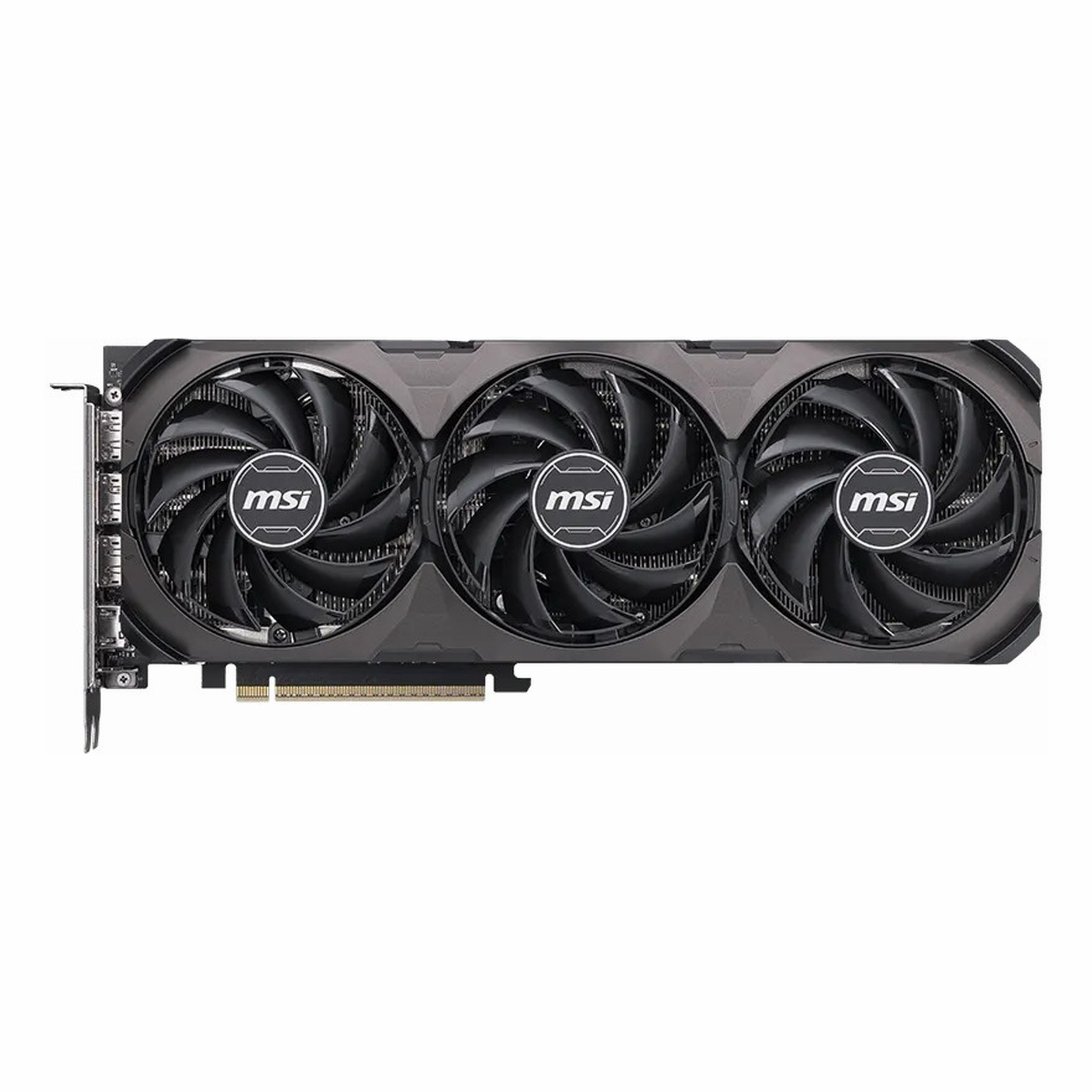 Beyaz arka plan üzerinde üç fanlı ve gümüş konektörlü siyah MSI grafik kartı.