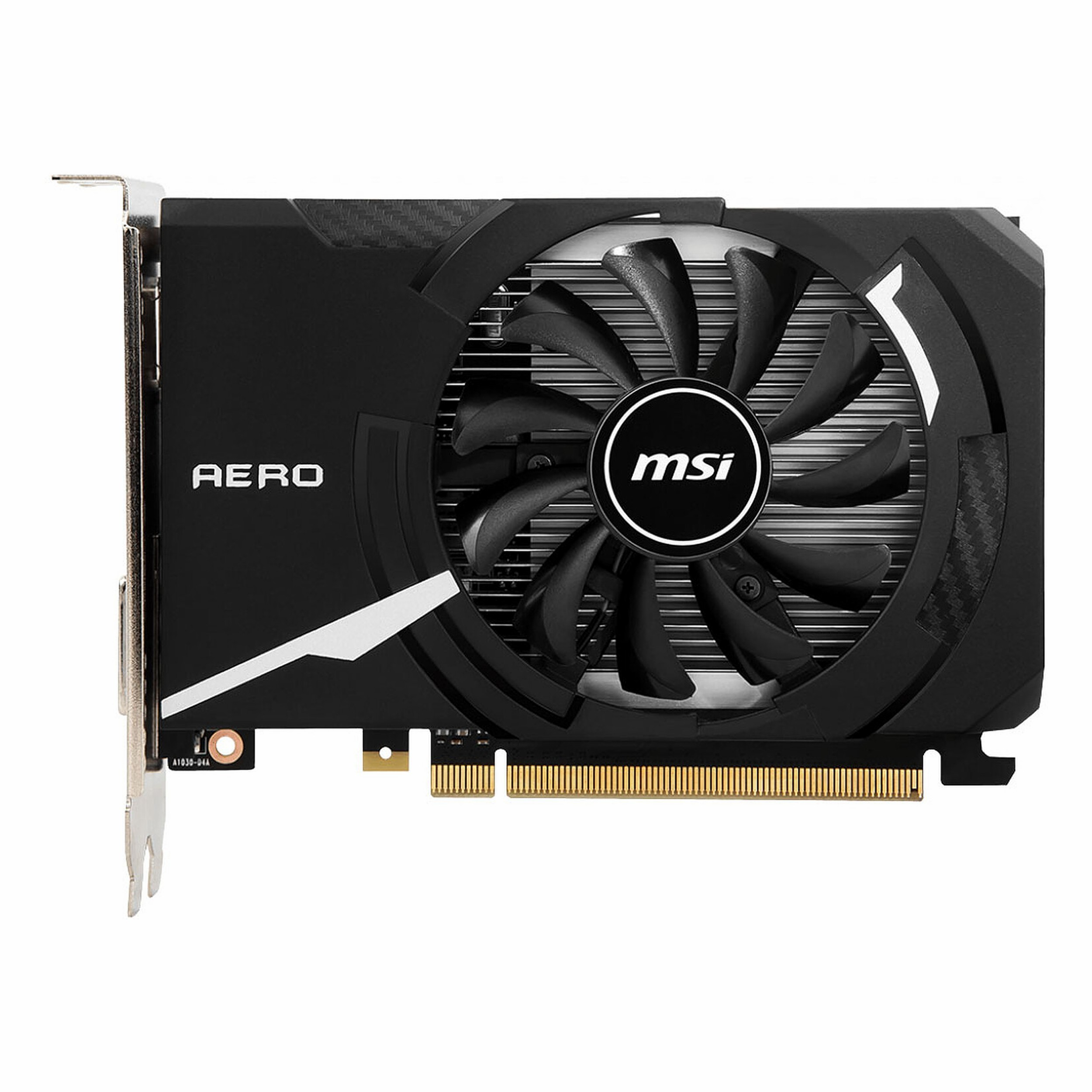 Tek fanlı ve altın konektörlü siyah bir MSI Aero grafik kartı.