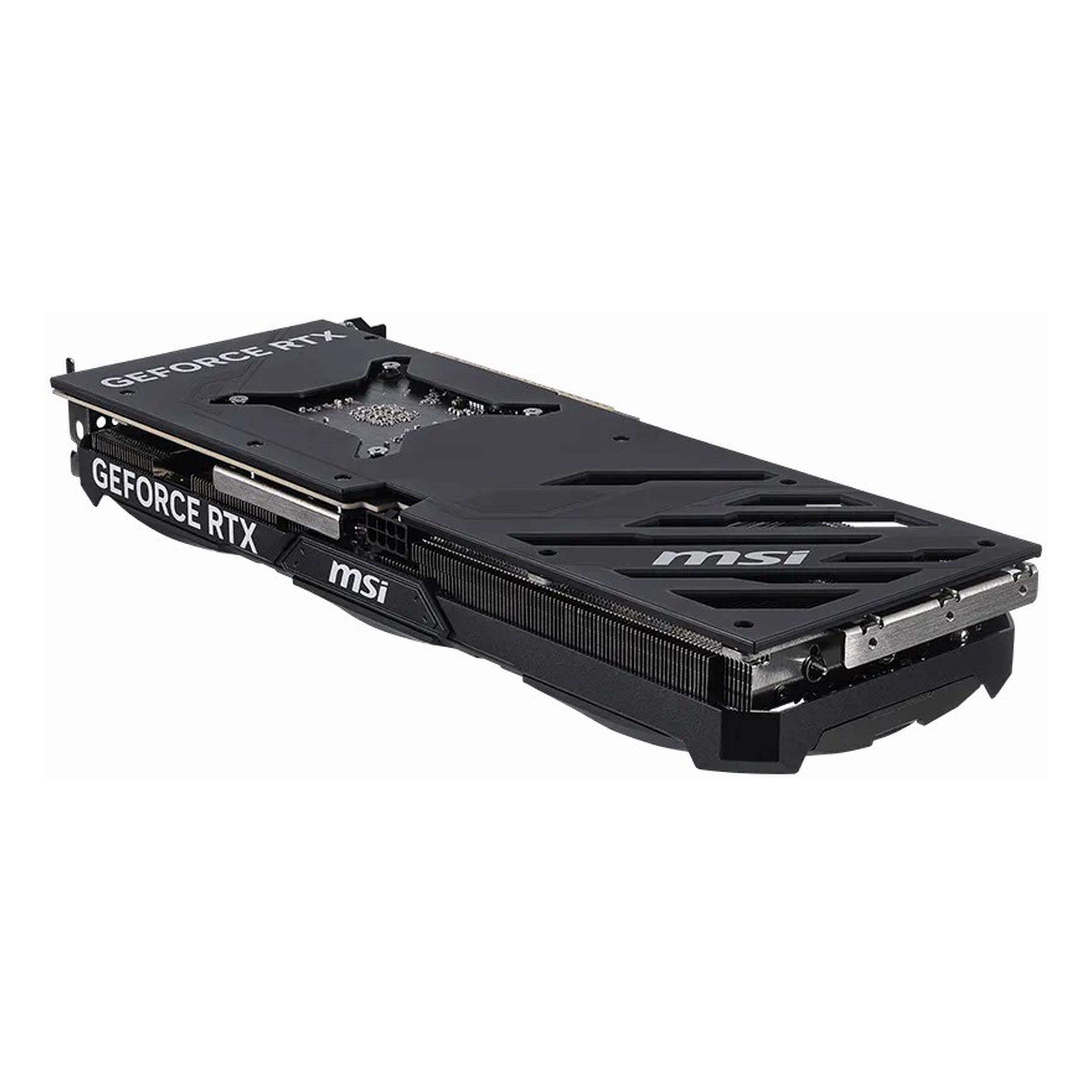 Gümüş konektörlü ve soğutuculu siyah MSI GeForce RTX ekran kartı.