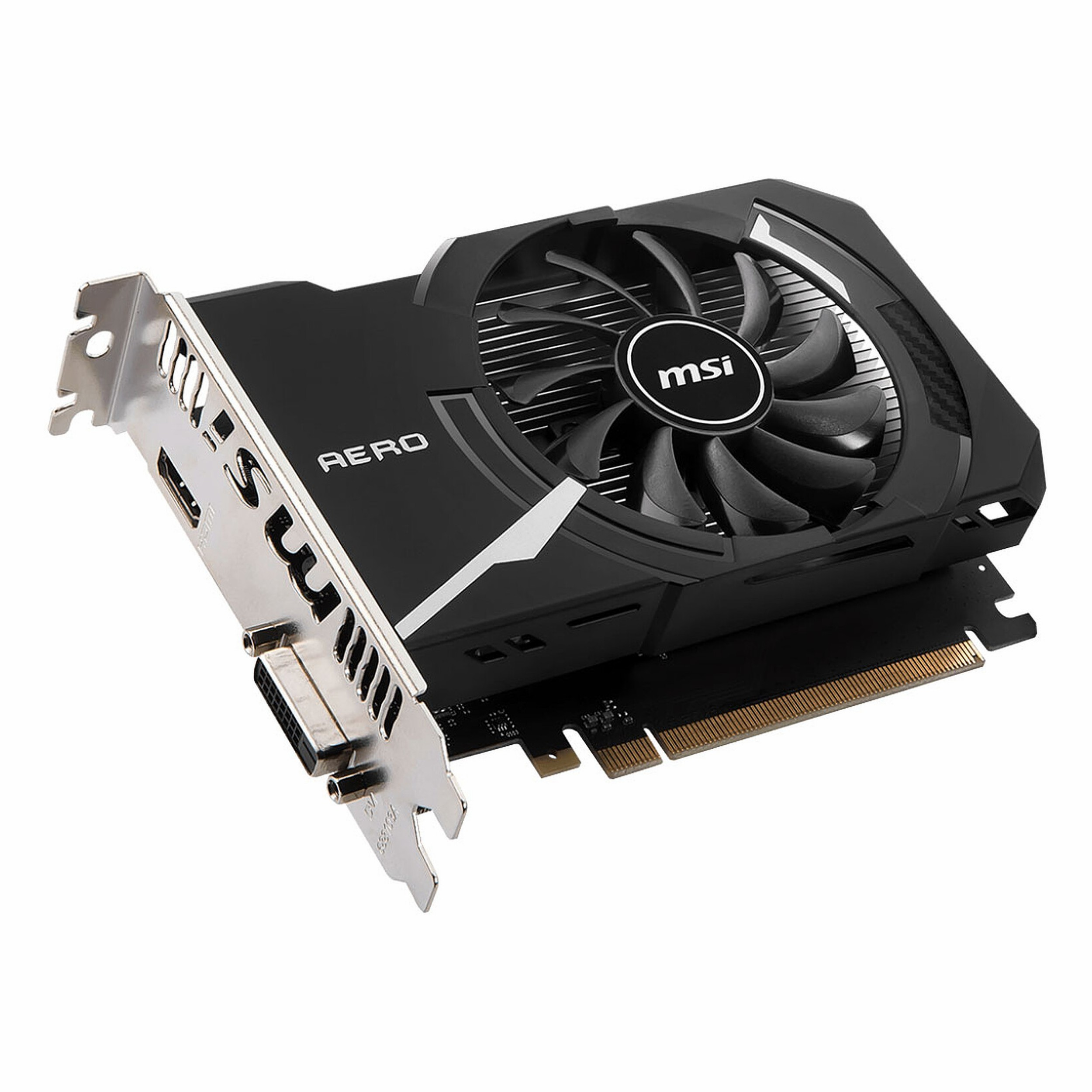 Beyaz arka plan üzerinde fanı ve portları olan siyah bir MSI grafik kartı.