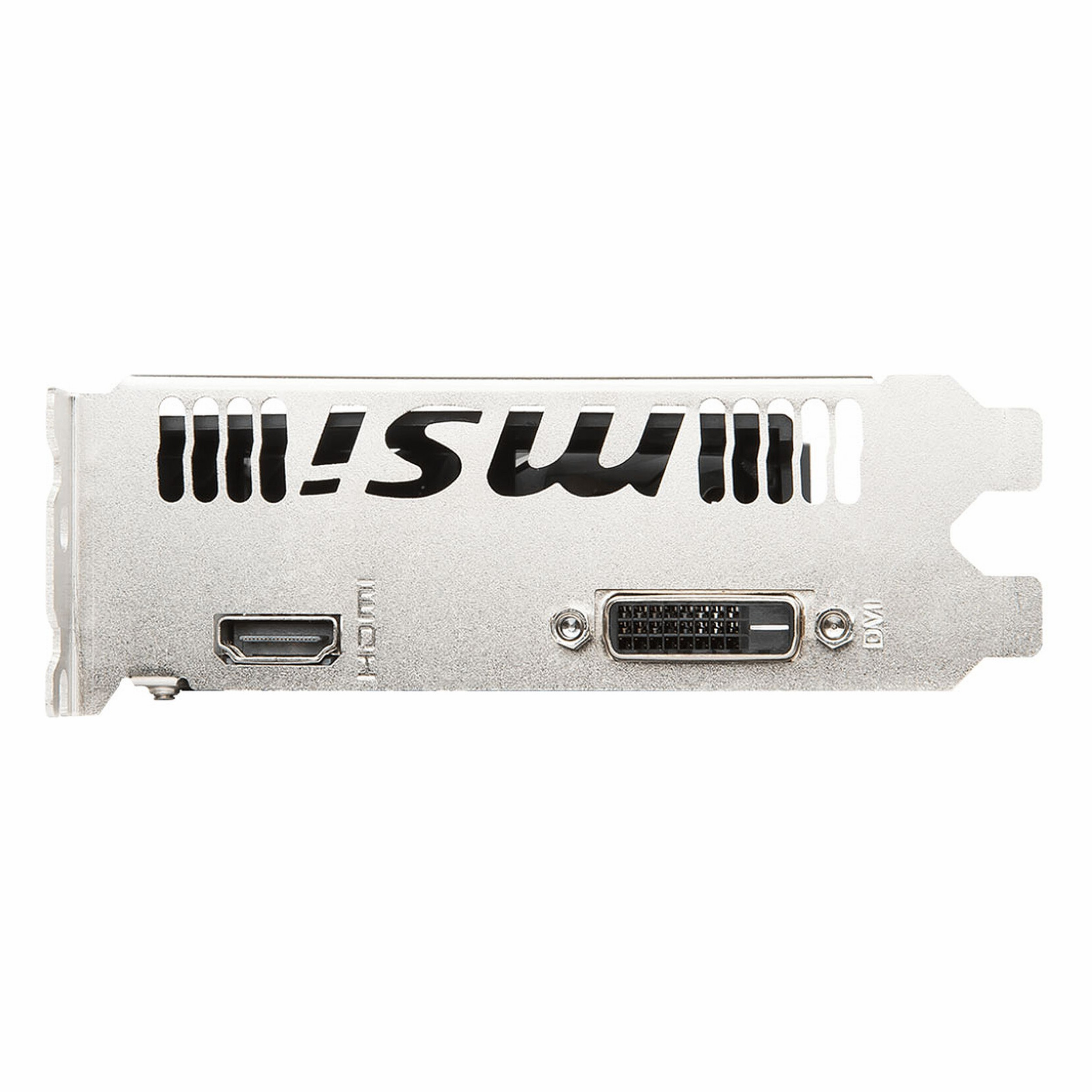 MSI logosu, HDMI ve DVI bağlantı noktalarına sahip gümüş ekran kartı.