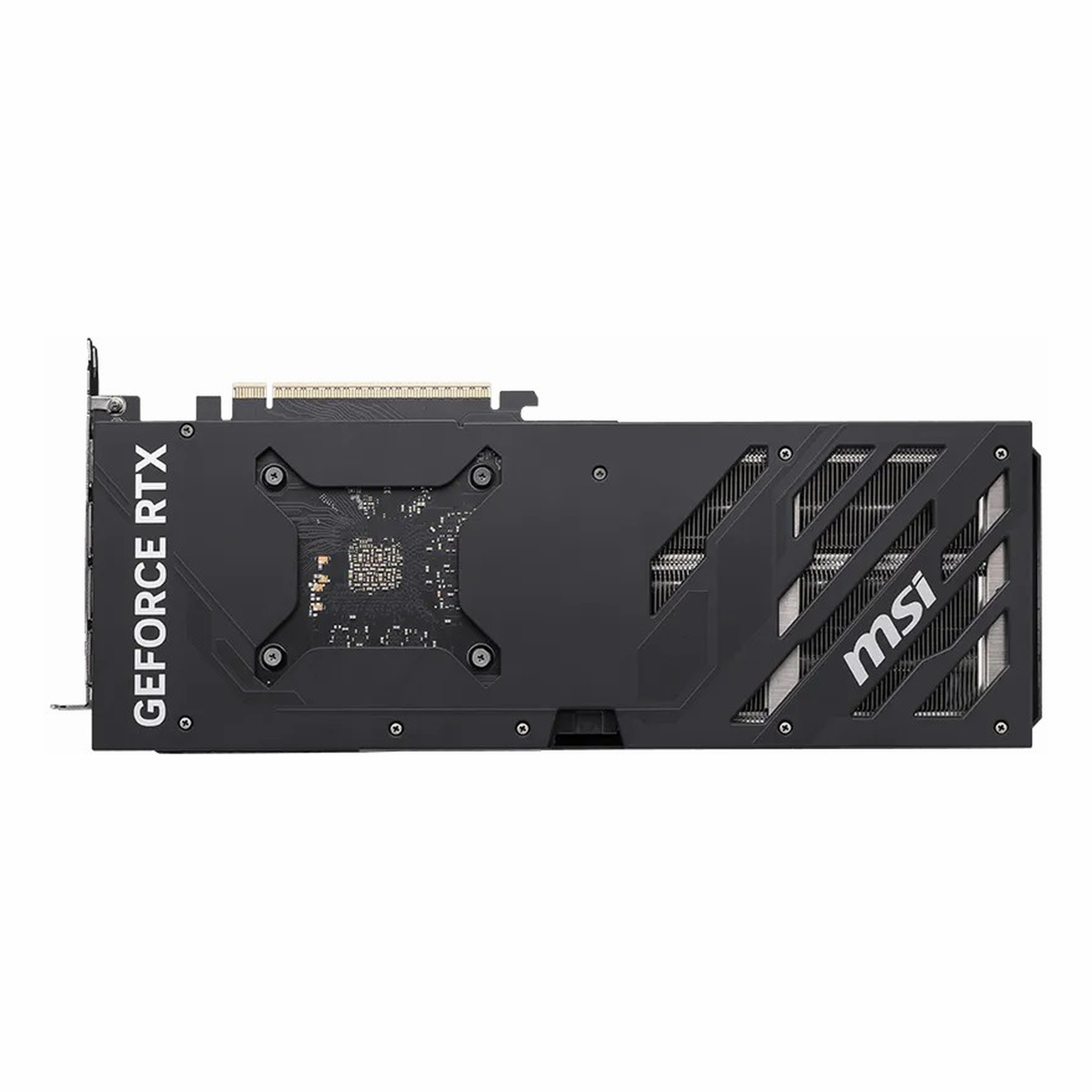 Gümüş yazı ve havalandırma deliklerine sahip siyah MSI GeForce RTX ekran kartı.