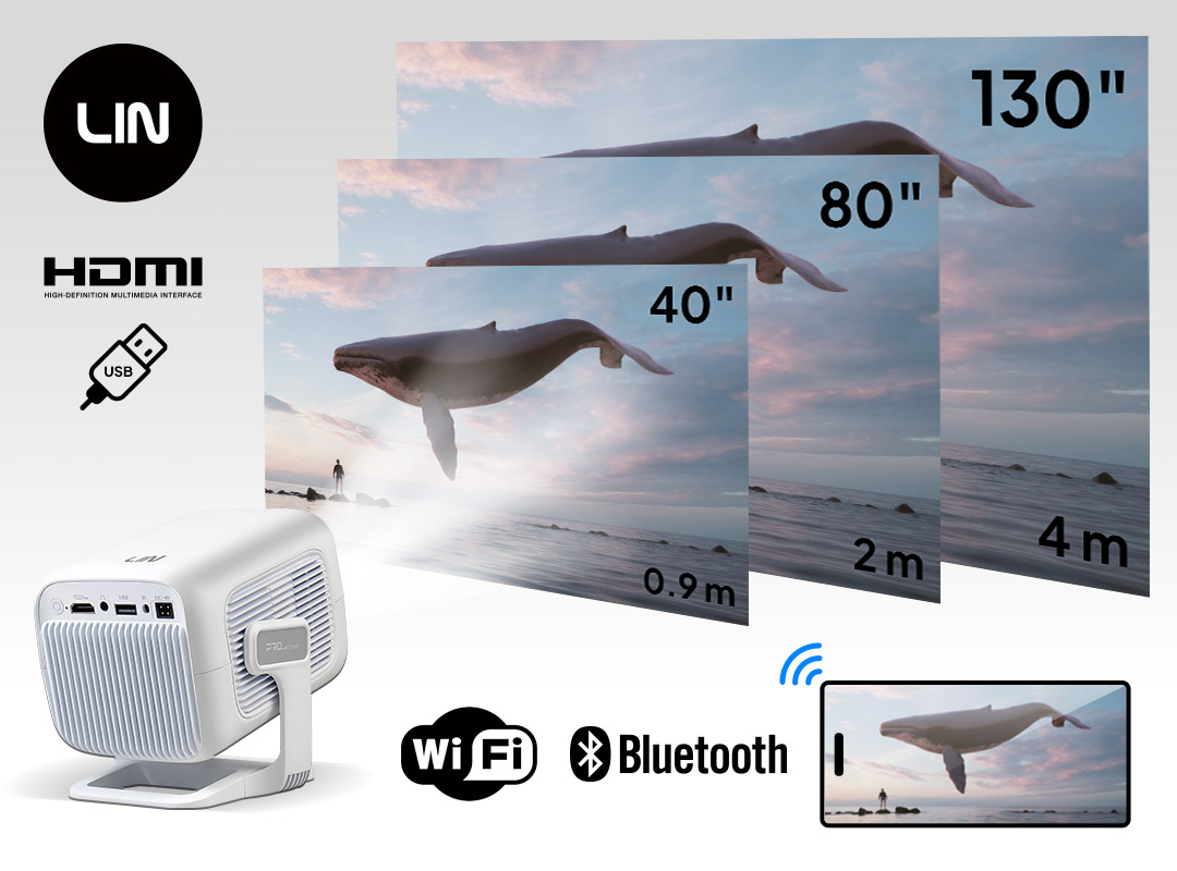 Biały projektor wyświetla wieloryba na ekranie. Ikony HDMI, USB, Wi-Fi, Bluetooth.