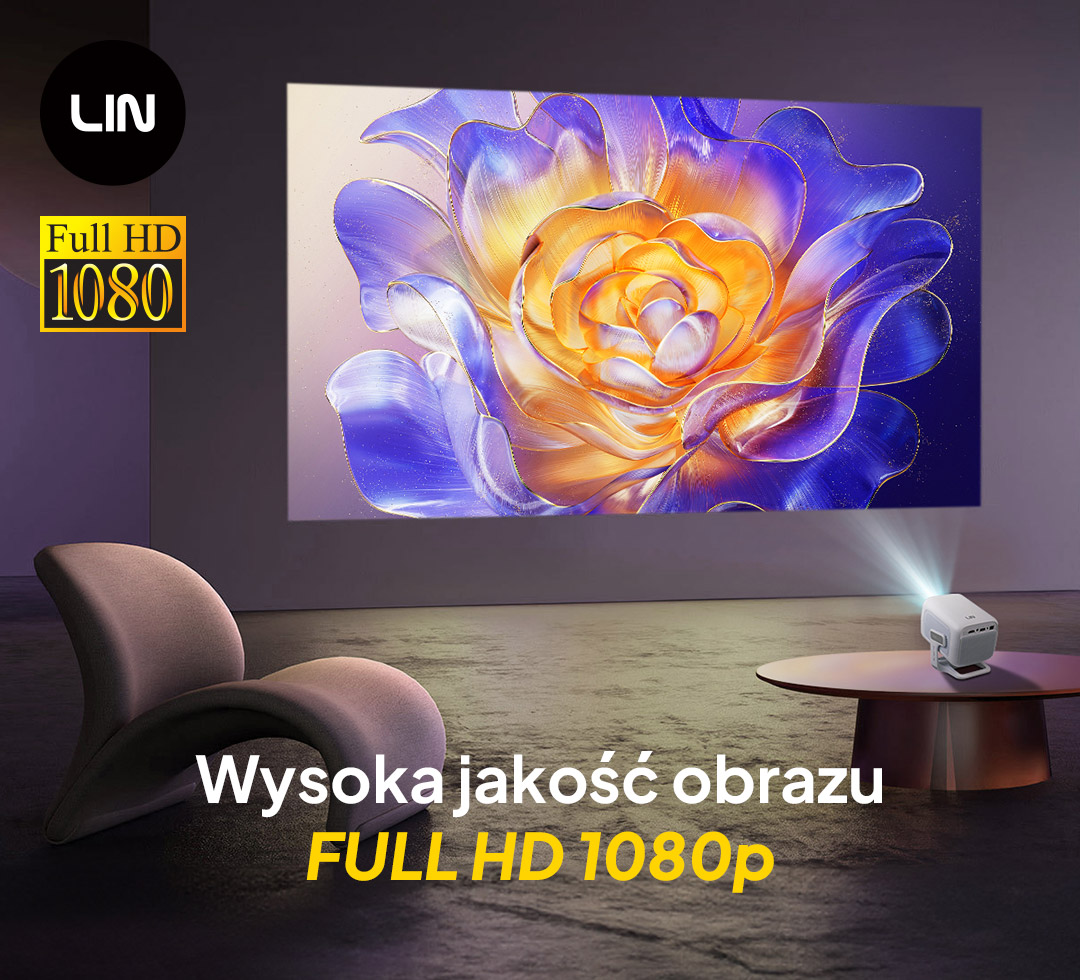 Projektor wyświetla obraz niebiesko-pomarańczowego kwiatu na ekranie.