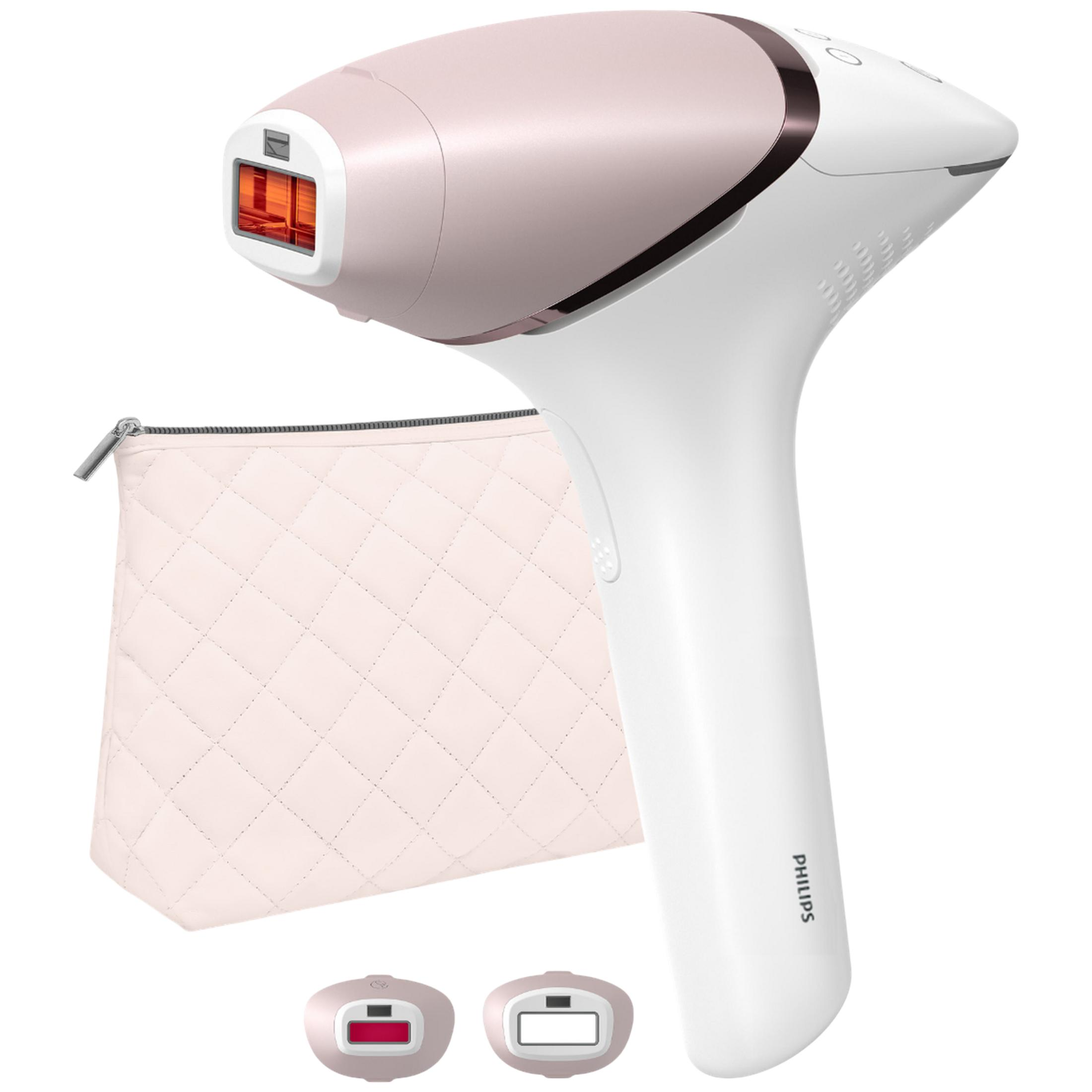 Un depilador Philips blanco con parte superior oro rosa, bolsa y dos accesorios.