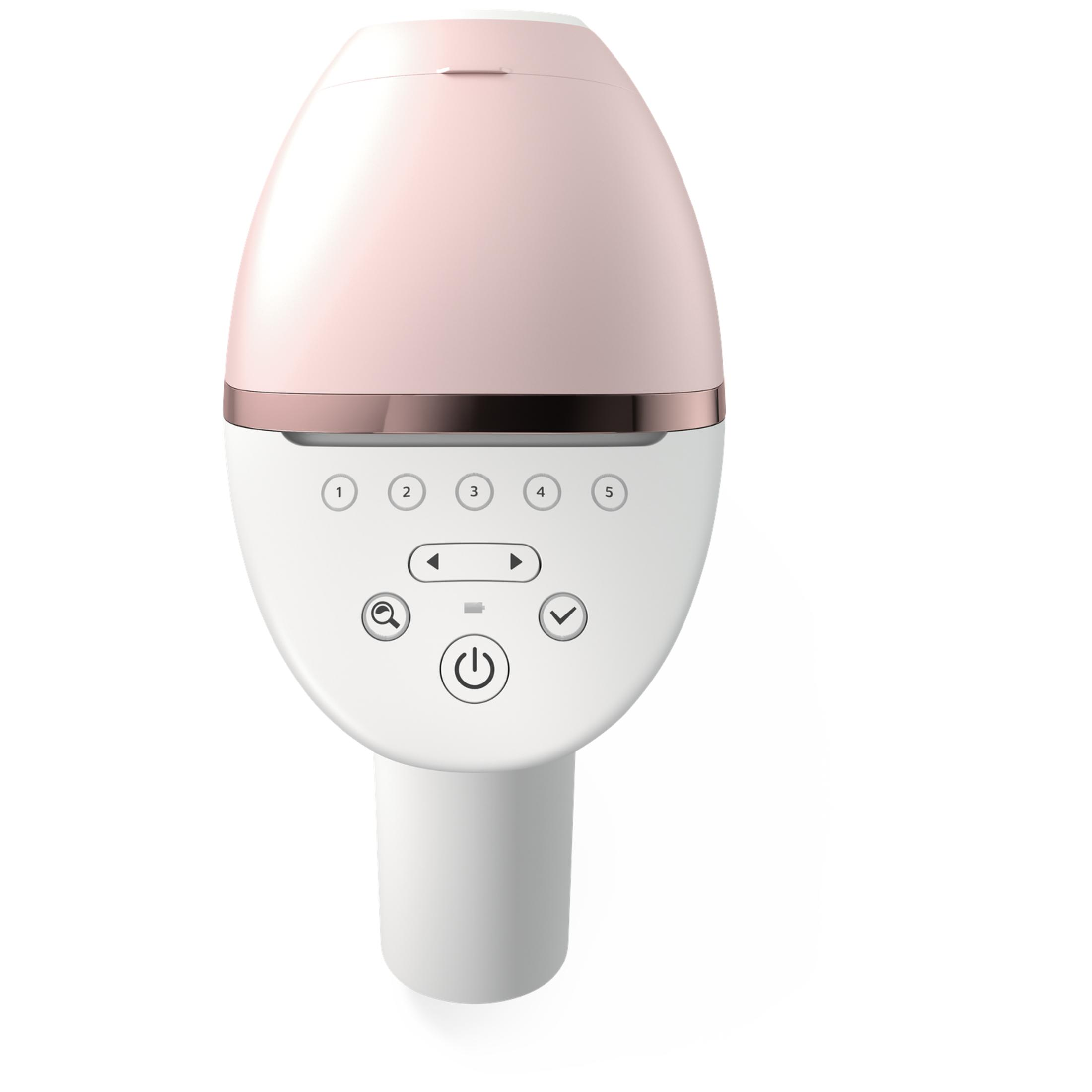 Un dispositivo blanco y rosa con botones y un símbolo de encendido.