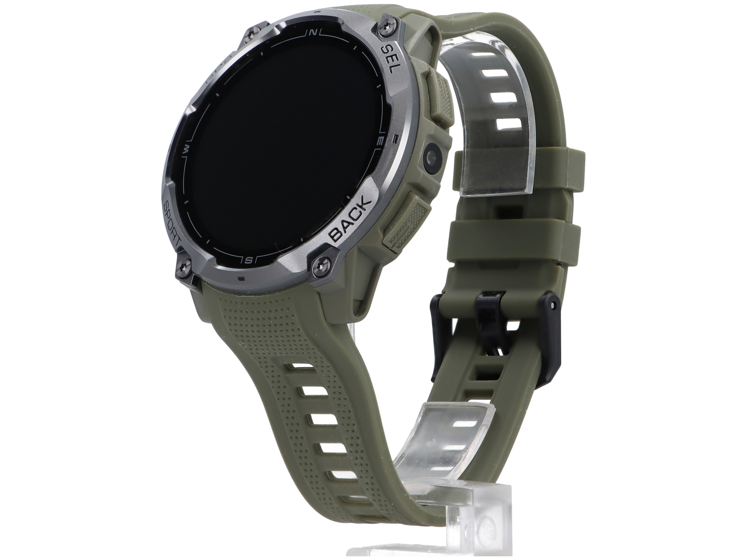 Zielony smartwatch z czarnym wyświetlaczem i srebrną ramką, na stojaku.