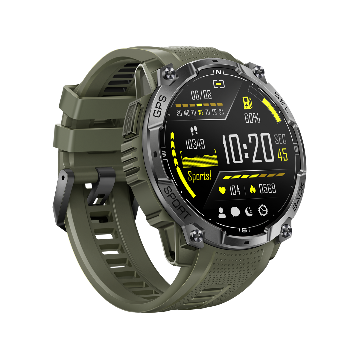 Zielony smartwatch z funkcjami sportowymi, pokazuje 10:20, kroki, tętno i inne.