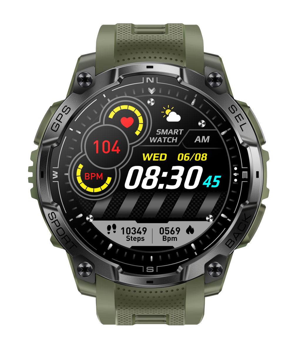 Zielony smartwatch pokazuje 104 BPM, 10349 kroków i 08:30.