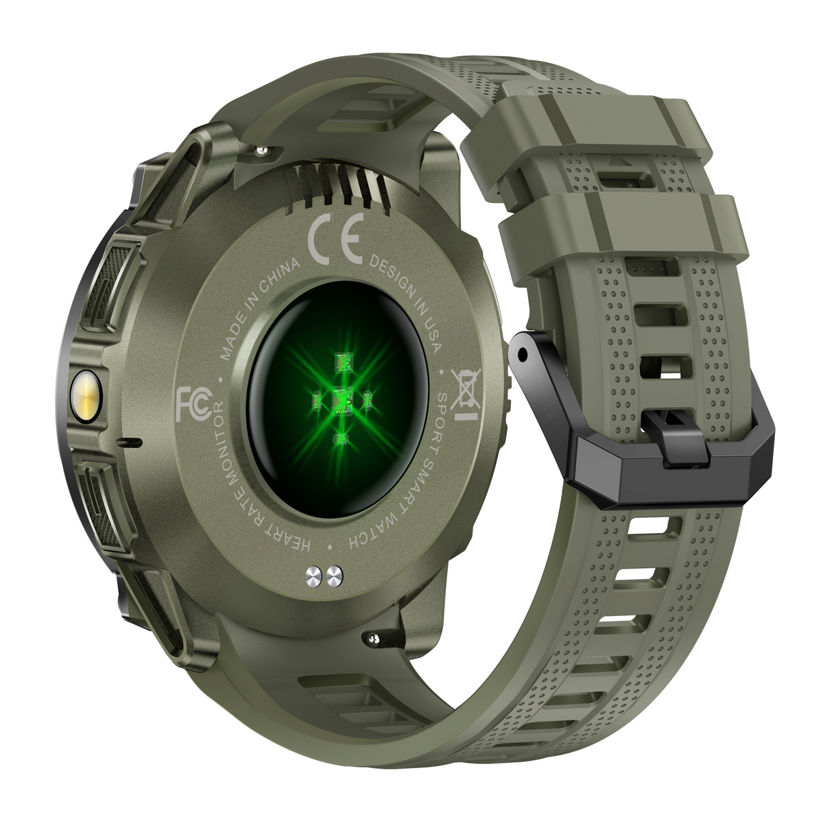 Zielony smartwatch z monitorem tętna i czarnym zapięciem.