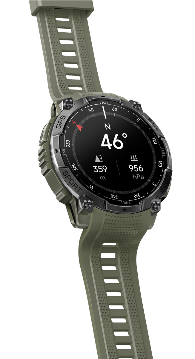 Zielony smartwatch z srebrną ramką pokazuje 46 stopni i 956 hPa.