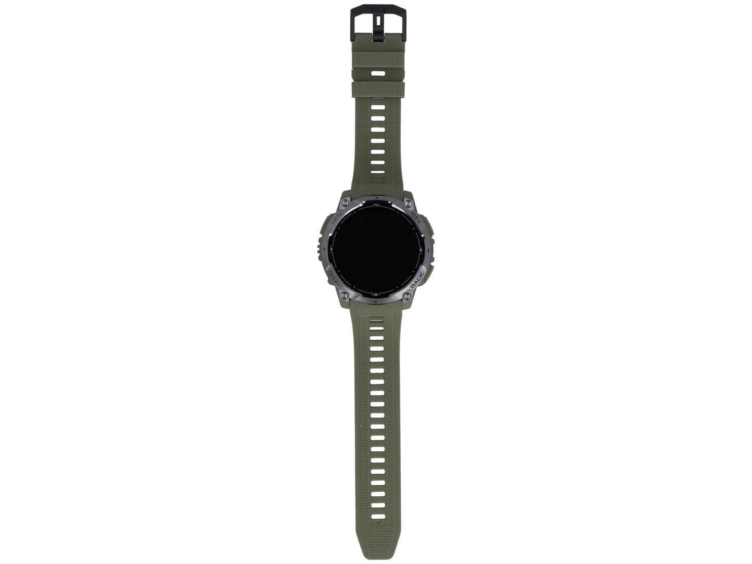 Zielony smartwatch z czarną tarczą i srebrnymi przyciskami.