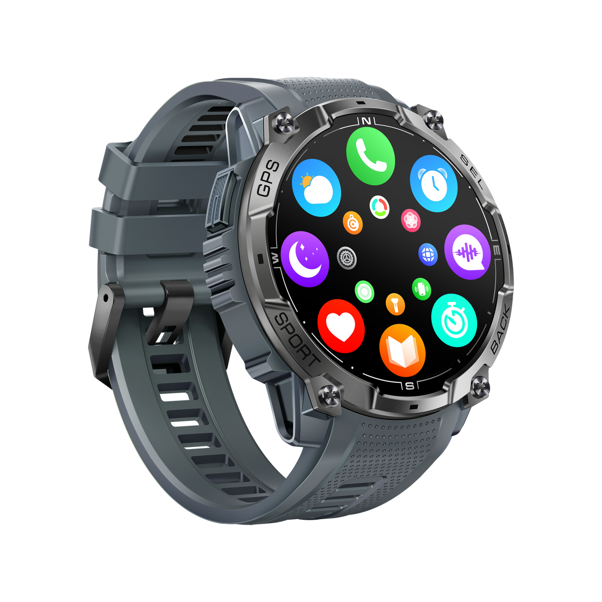 Szary smartwatch z okrągłym wyświetlaczem pokazującym ikony aplikacji.