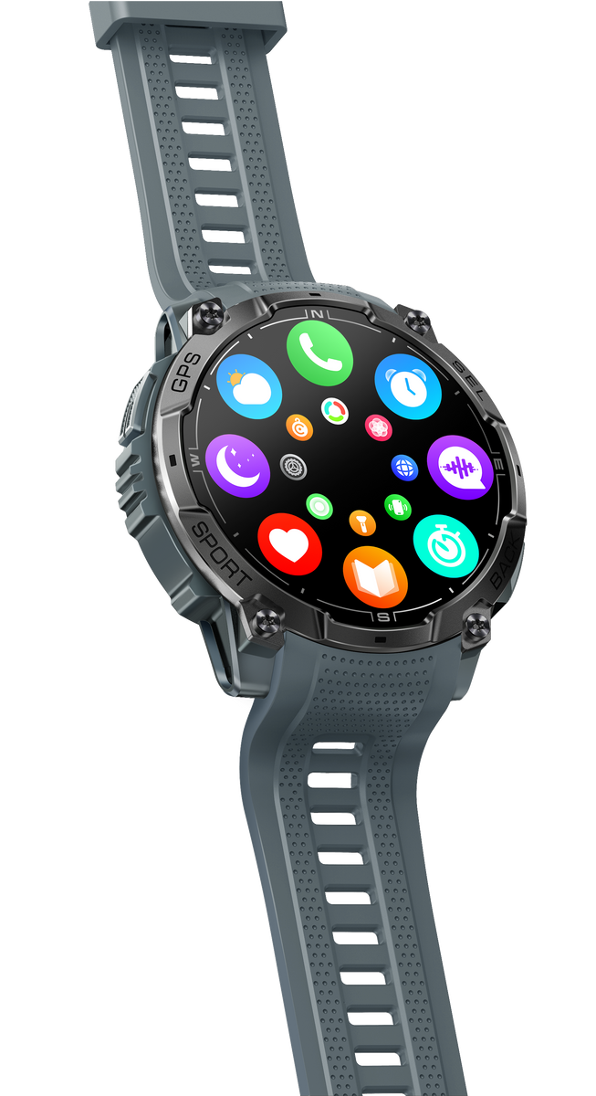 Szary smartwatch z okrągłym wyświetlaczem pokazującym kolorowe ikony aplikacji.