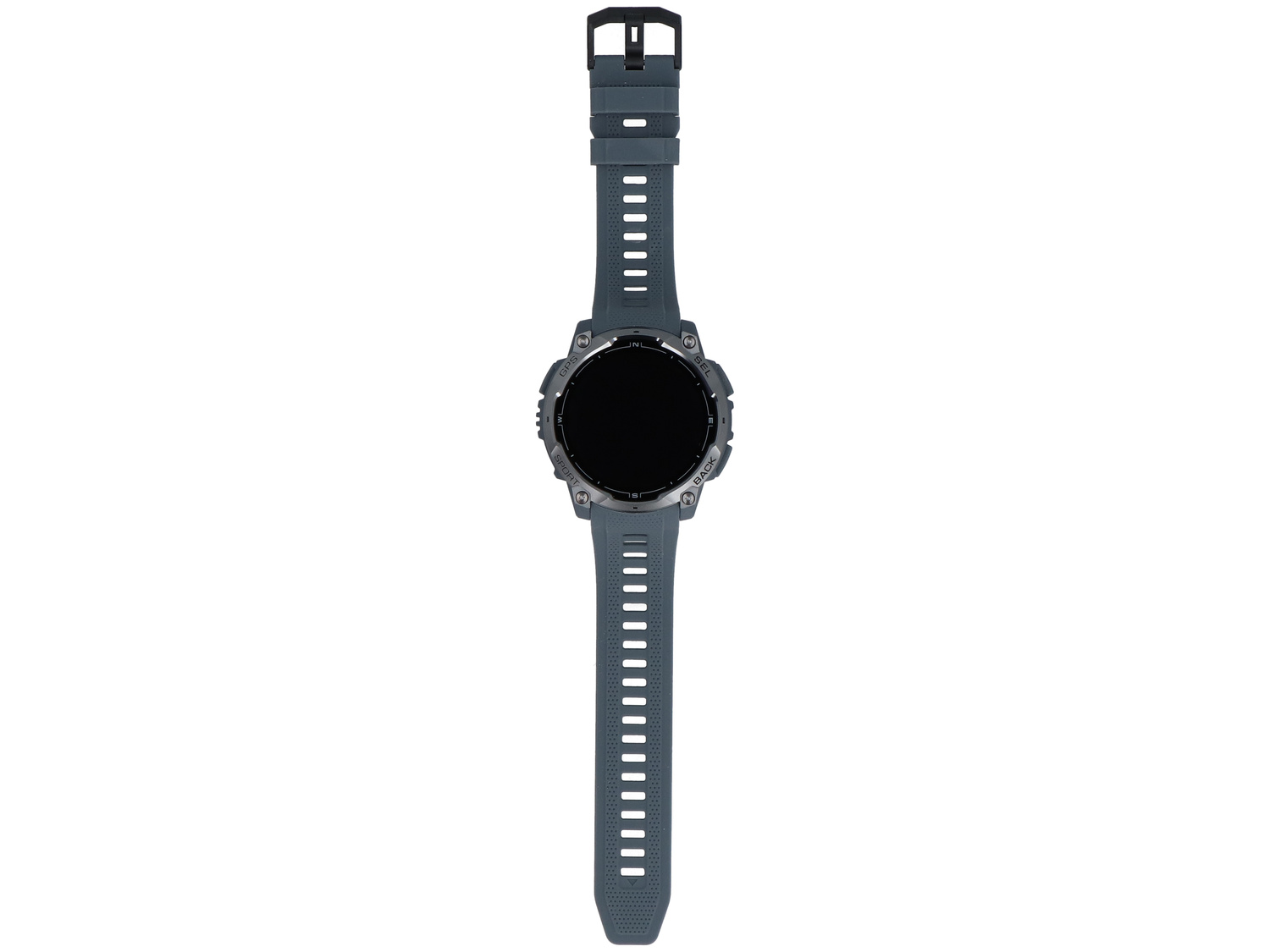 Szary smartwatch z czarnym ekranem i silikonowym paskiem, na białym tle.