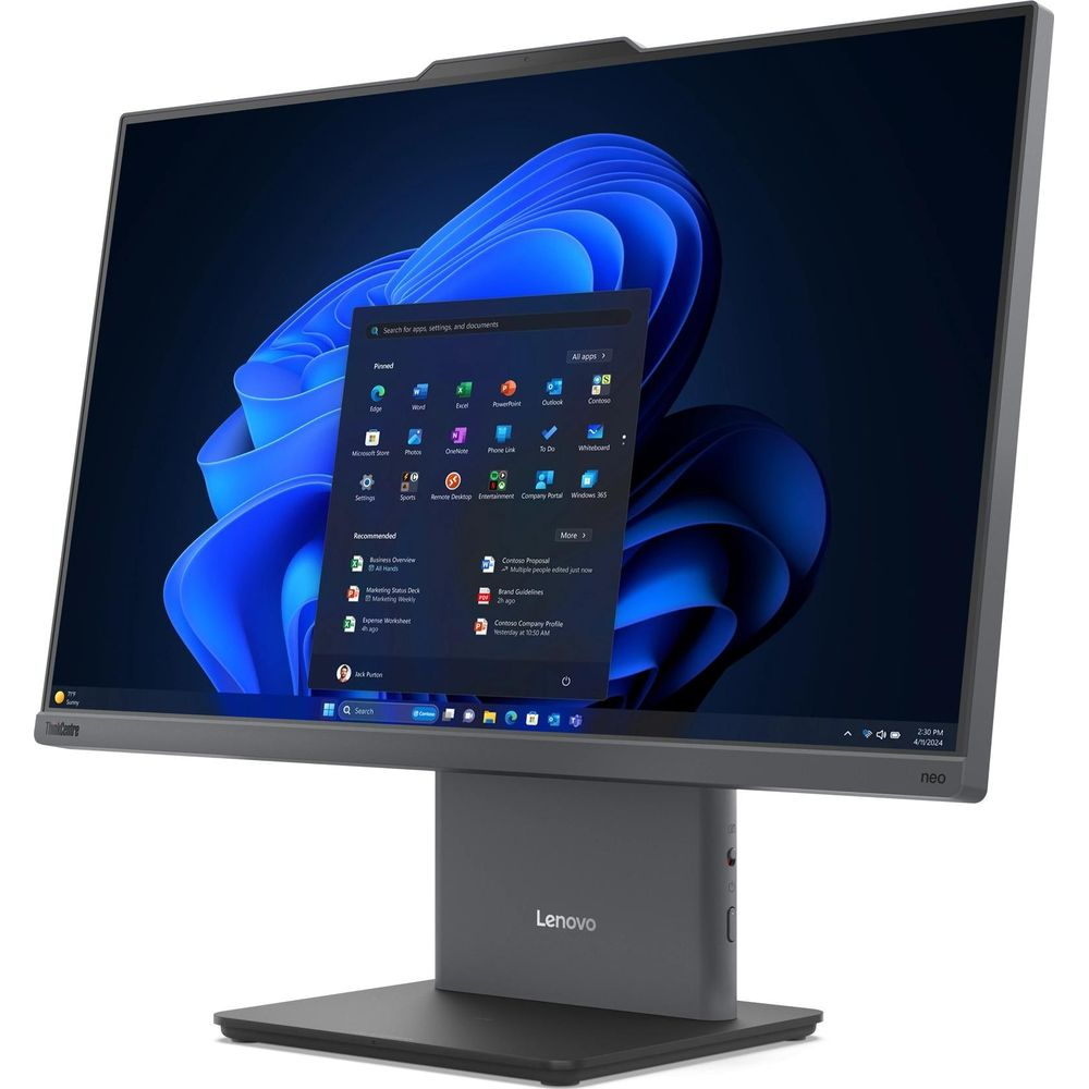 Un écran Lenovo ThinkCentre affichant le menu Démarrer de Windows 11 avec un fond d'écran bleu ondulé.