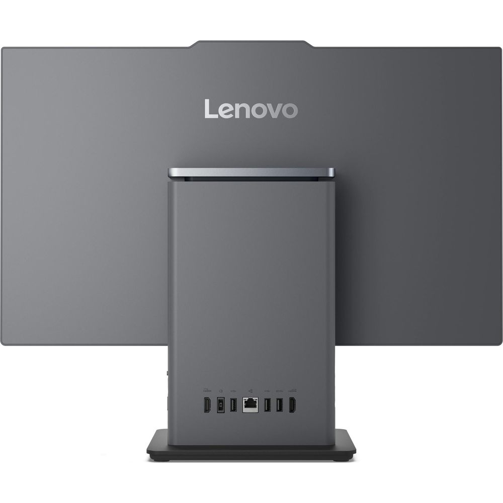 Arrière d'un ordinateur tout-en-un Lenovo gris avec ports visibles.