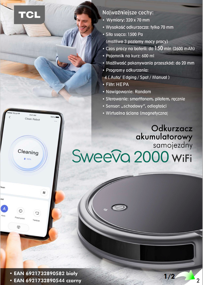 Mężczyzna siedzi na podłodze, trzyma tablet. Widoczny robot sprzątający i aplikacja na telefon.