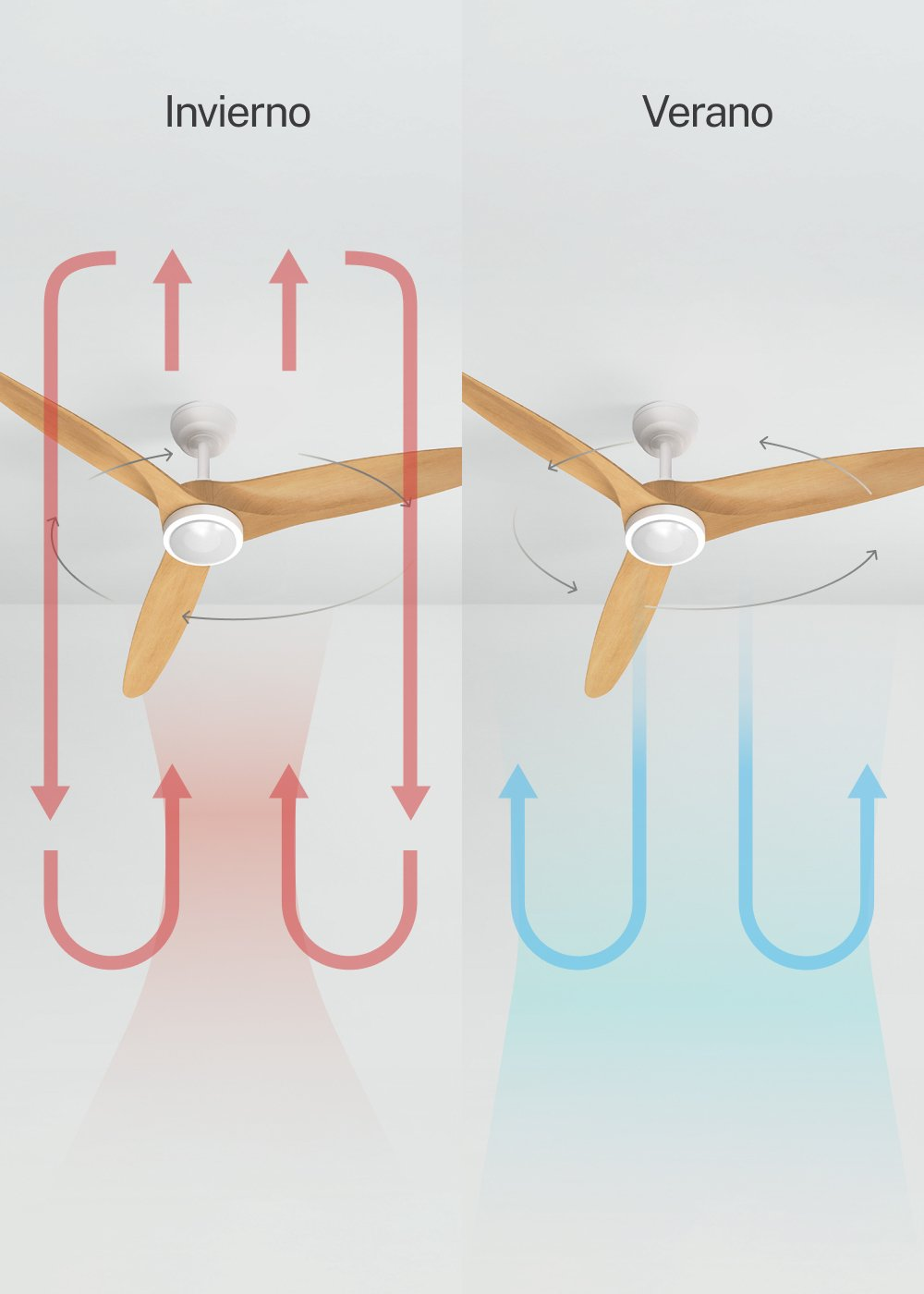 Ventilador de techo en modo invierno y verano con flechas de flujo.
