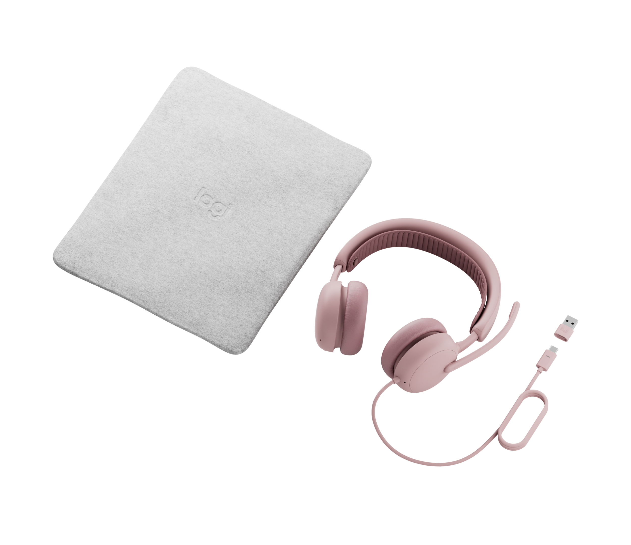 Un casque rose avec micro et une pochette Logitech grise.