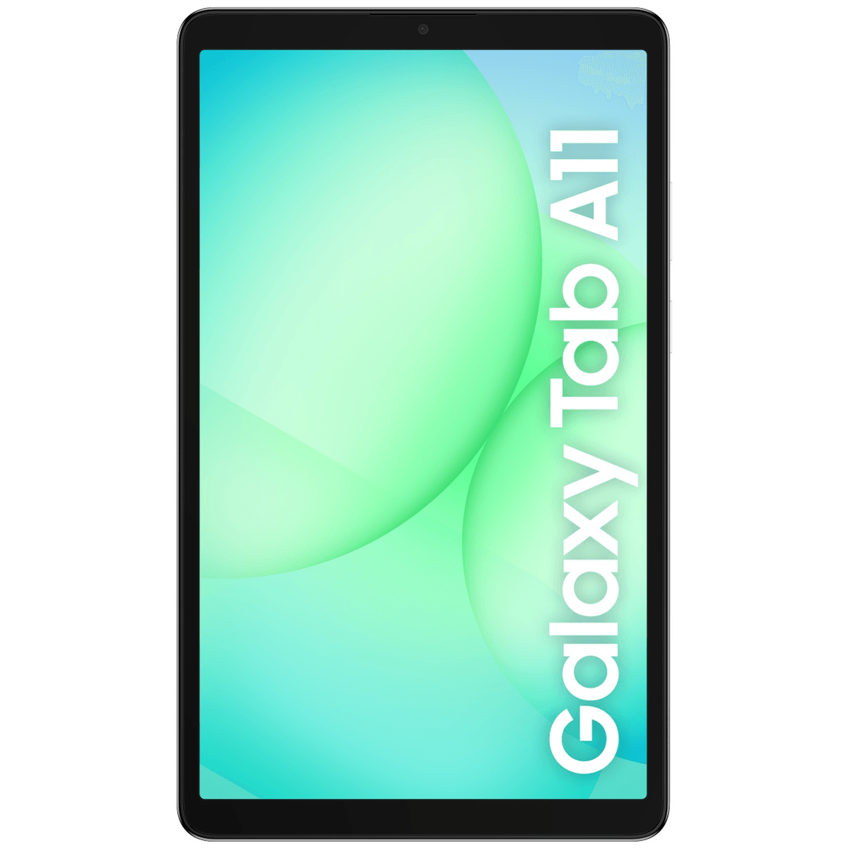 Una tableta negra con el texto Galaxy Tab A11 en blanco en la pantalla.