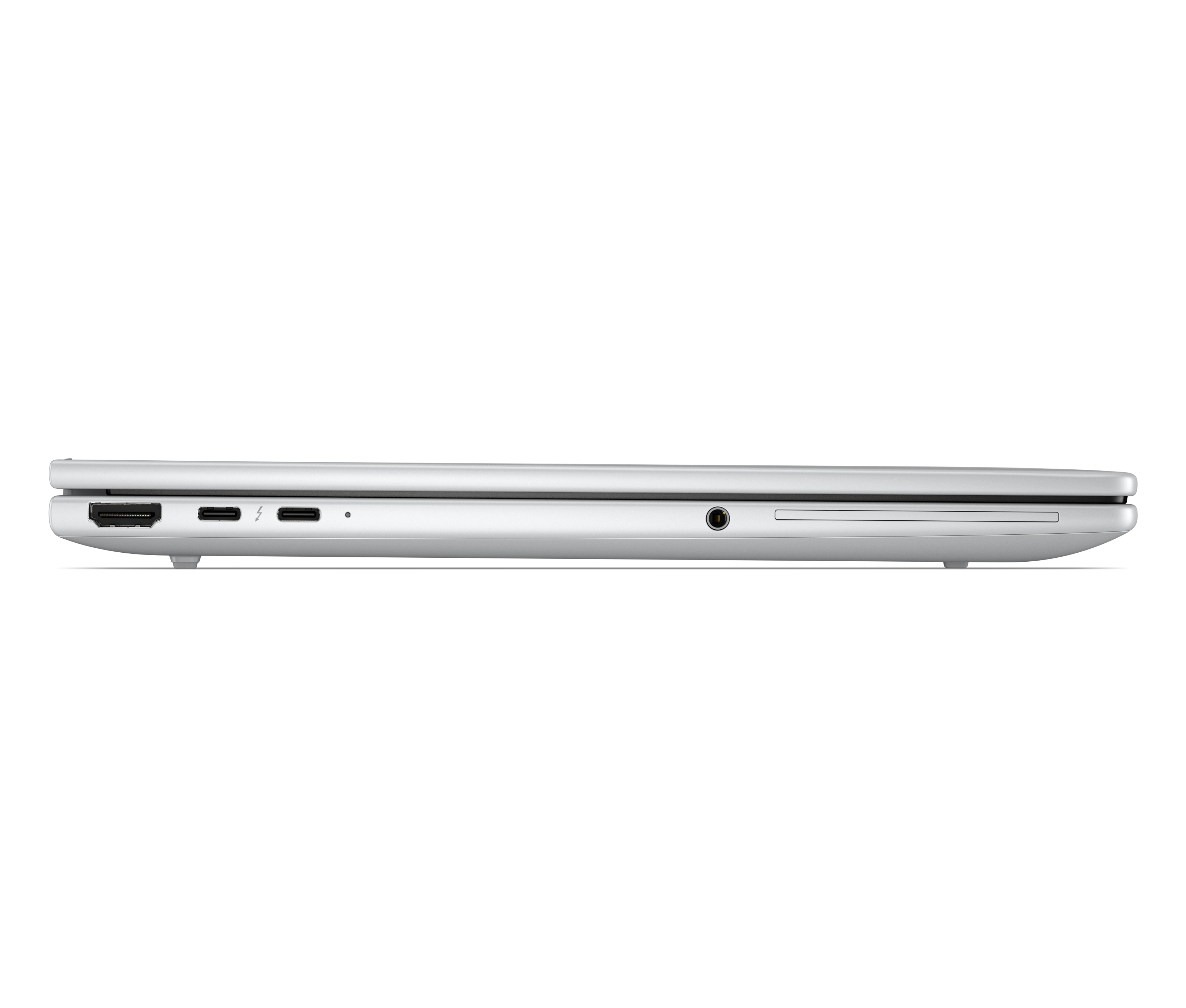 Porte argentate del laptop: HDMI, Thunderbolt e jack per cuffie.