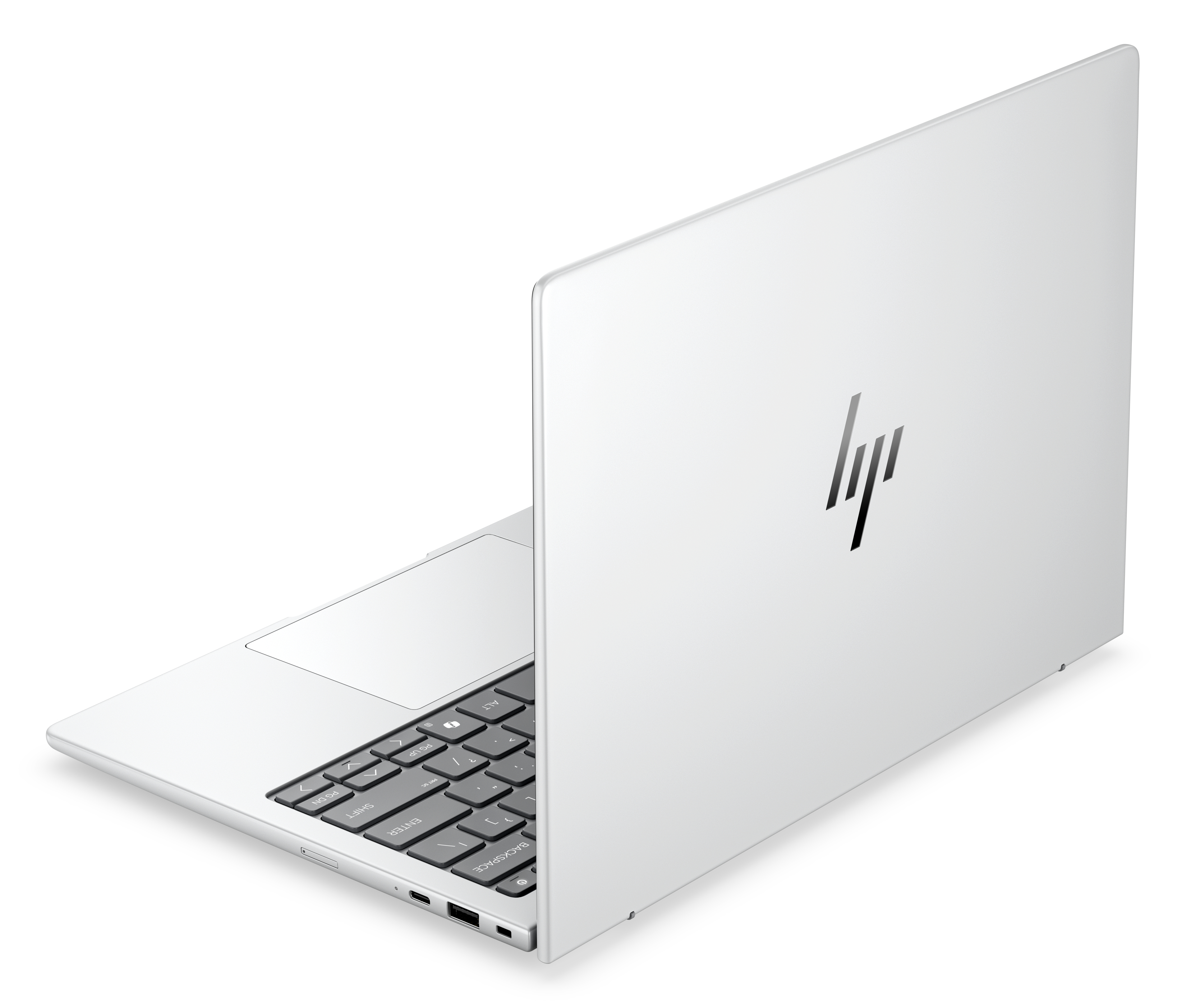 Un laptop HP bianco con schermo aperto, vista tastiera.