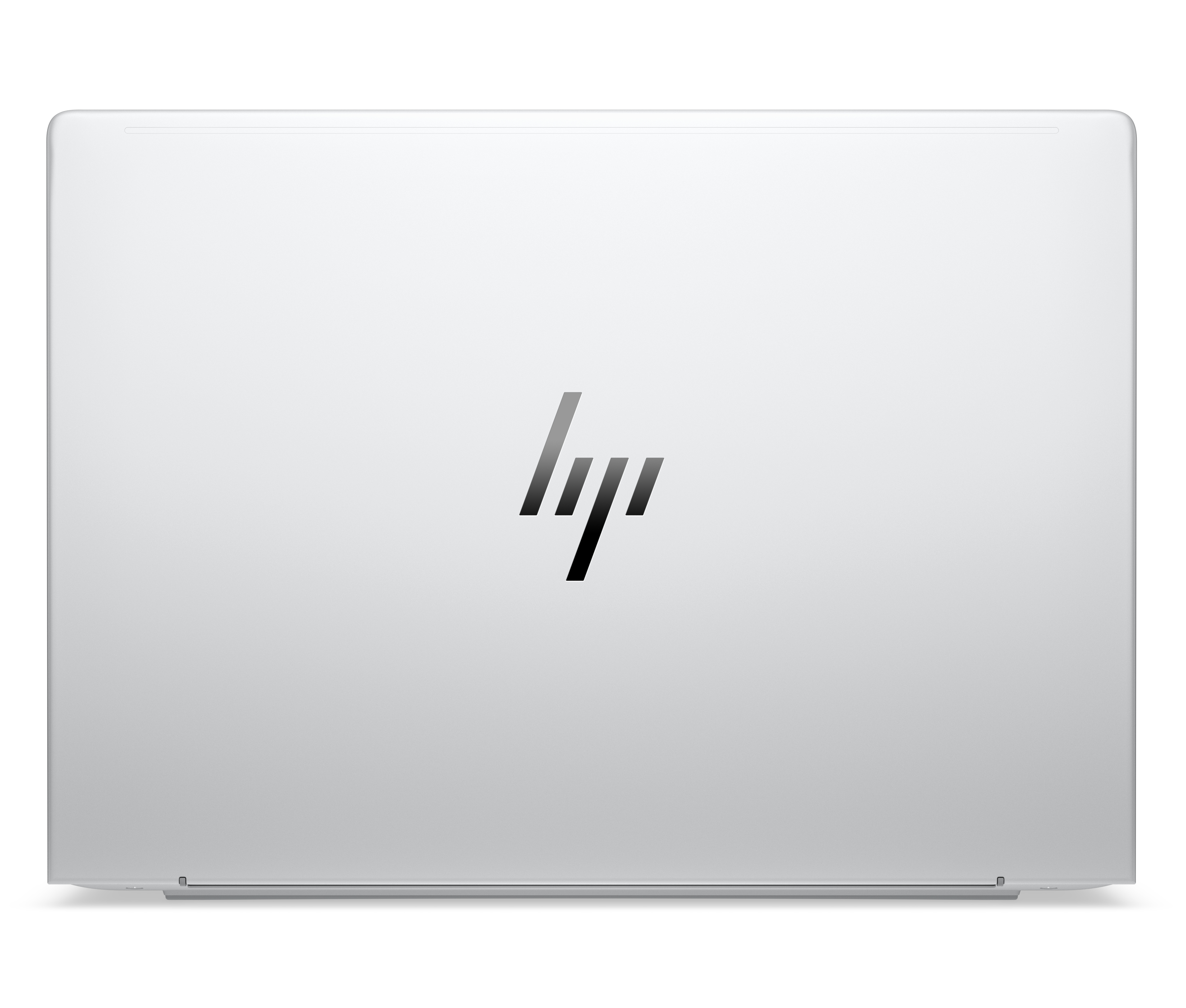 Retro di un laptop argentato con logo HP nero al centro.