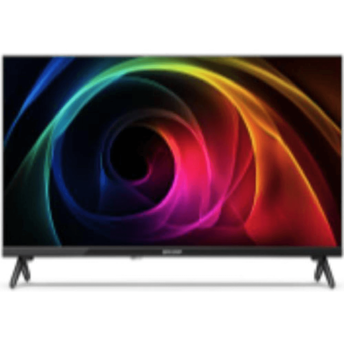 Una moderna TV nera mostra un vortice astratto e vibrante di colori arcobaleno.