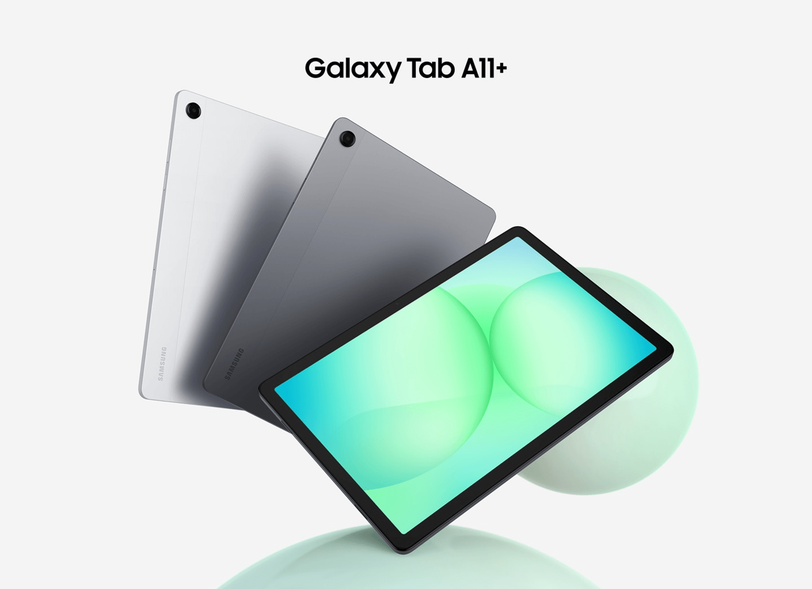 Dos tablets Samsung Galaxy Tab A11+, una plateada, otra gris, con círculos verdes en pantalla.