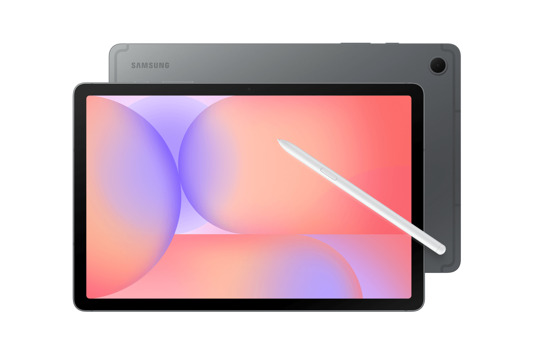 Una tablet Samsung gris con lápiz y fondo colorido.