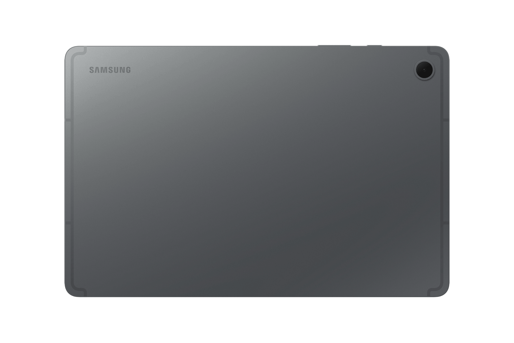 Reverso de una tablet Samsung gris con lente de cámara y logo.
