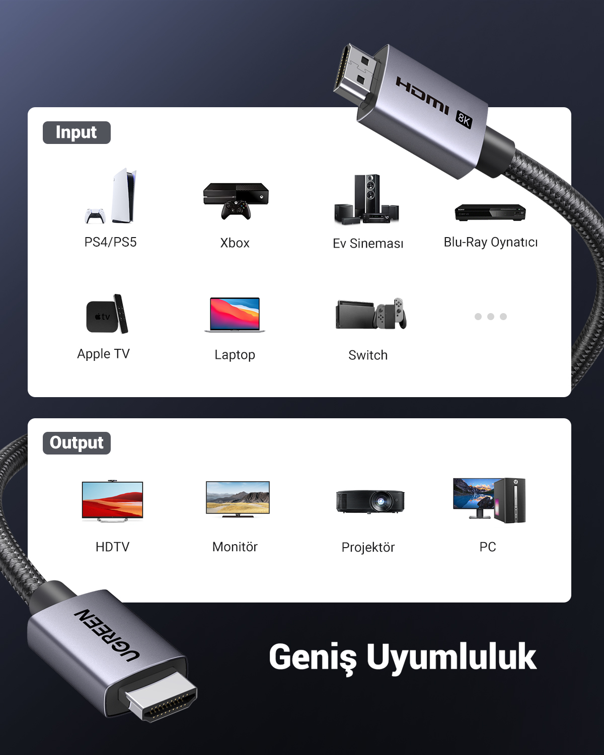 HDMI 8K kablosu, konsollar, dizüstü bilgisayarlar gibi giriş cihazlarını TV'ler gibi çıkış cihazlarına bağlar.