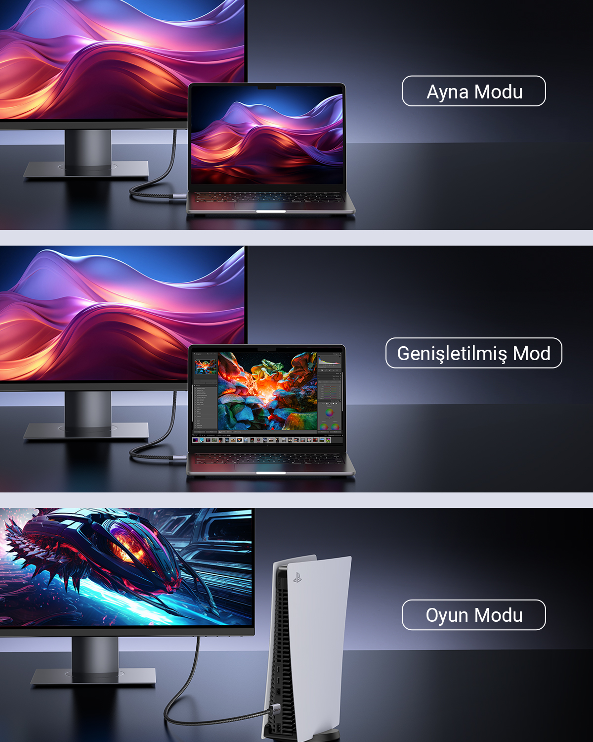 Üç mod: Yansıt, Genişlet, Oyna. Monitör, laptop ve PS5 ile.