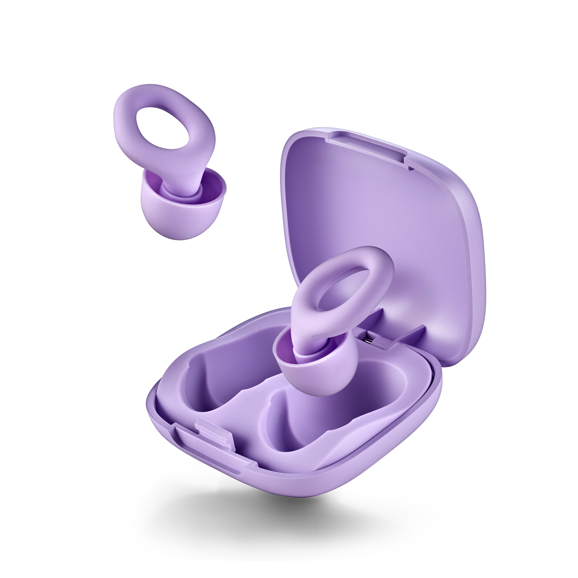 Auricolari viola con custodia di ricarica, un auricolare fluttuante, uno nella custodia.
