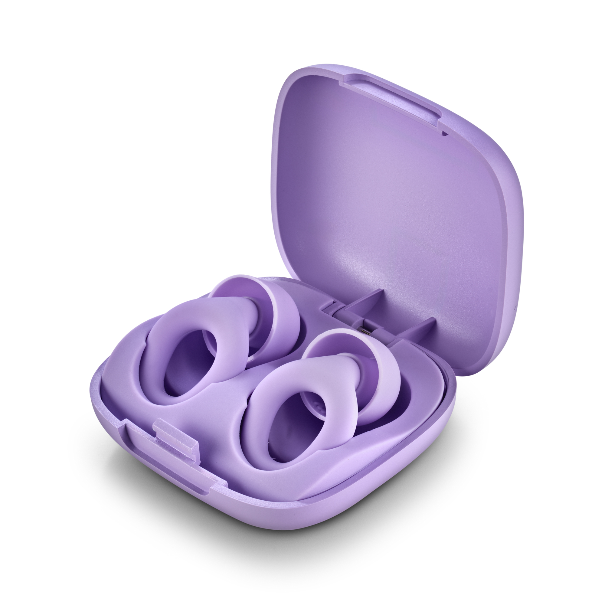 Una custodia viola per auricolari con due auricolari viola all'interno.