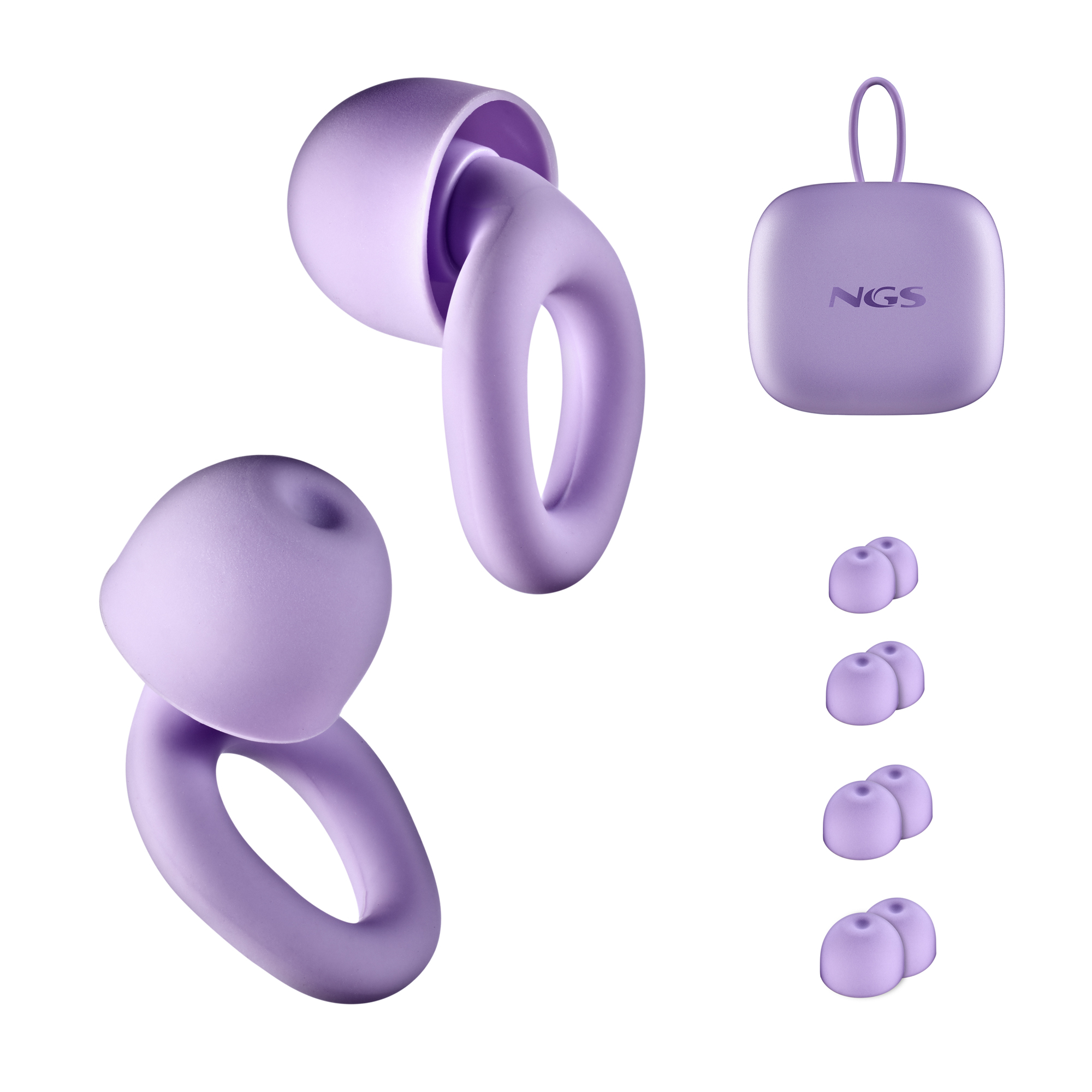 Auricolari viola, custodia di ricarica e gommini su sfondo bianco.