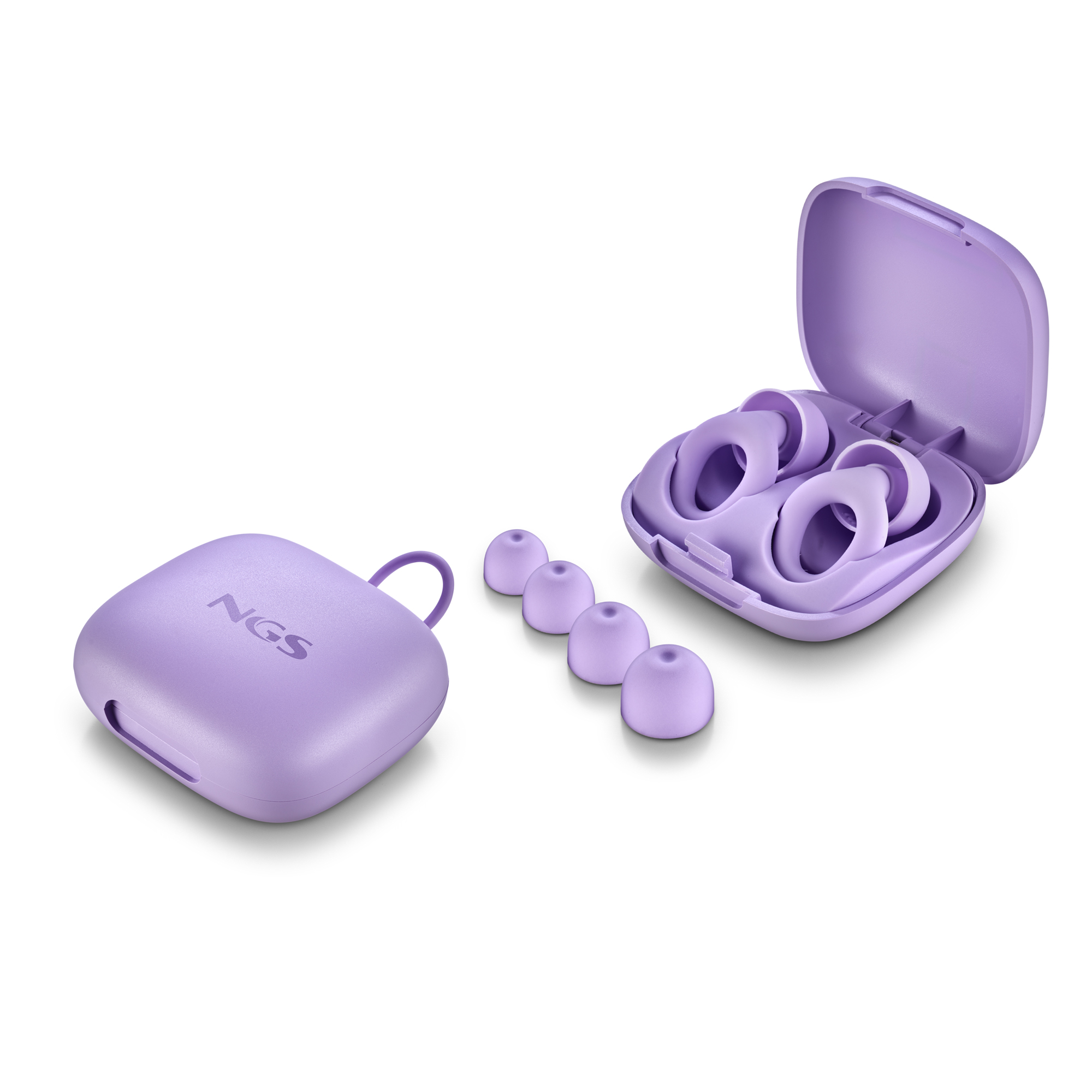 Auricolari viola con custodia di ricarica e punte di ricambio.