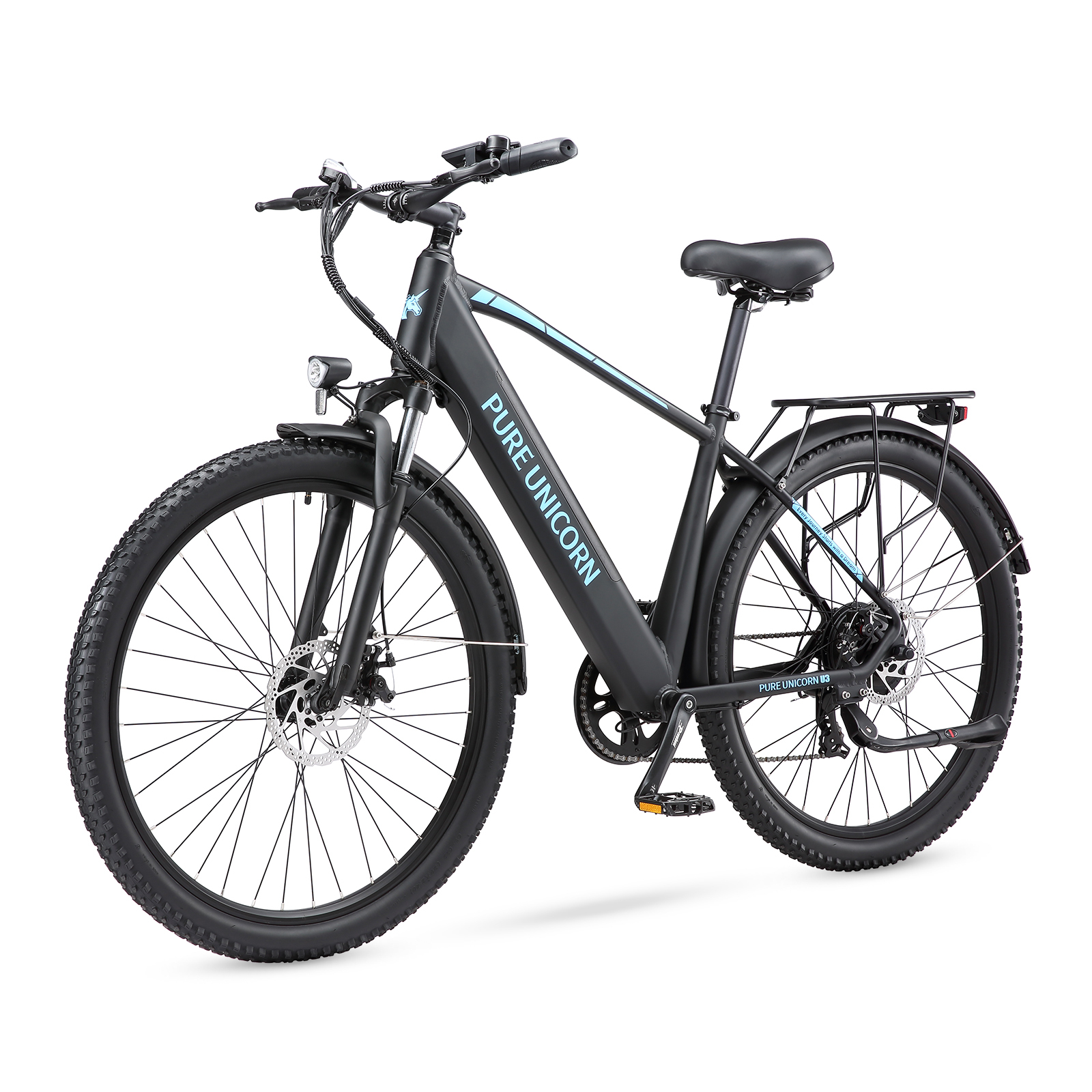 Bicicleta eléctrica negra con detalles azules, luz y portaequipajes.