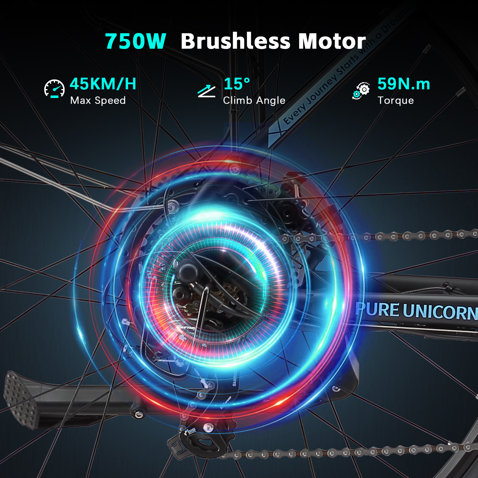 Primer plano de rueda trasera de e-bike, motor 750W: 45 km/h vel. máx., 15° ángulo subida, 59 Nm par.
