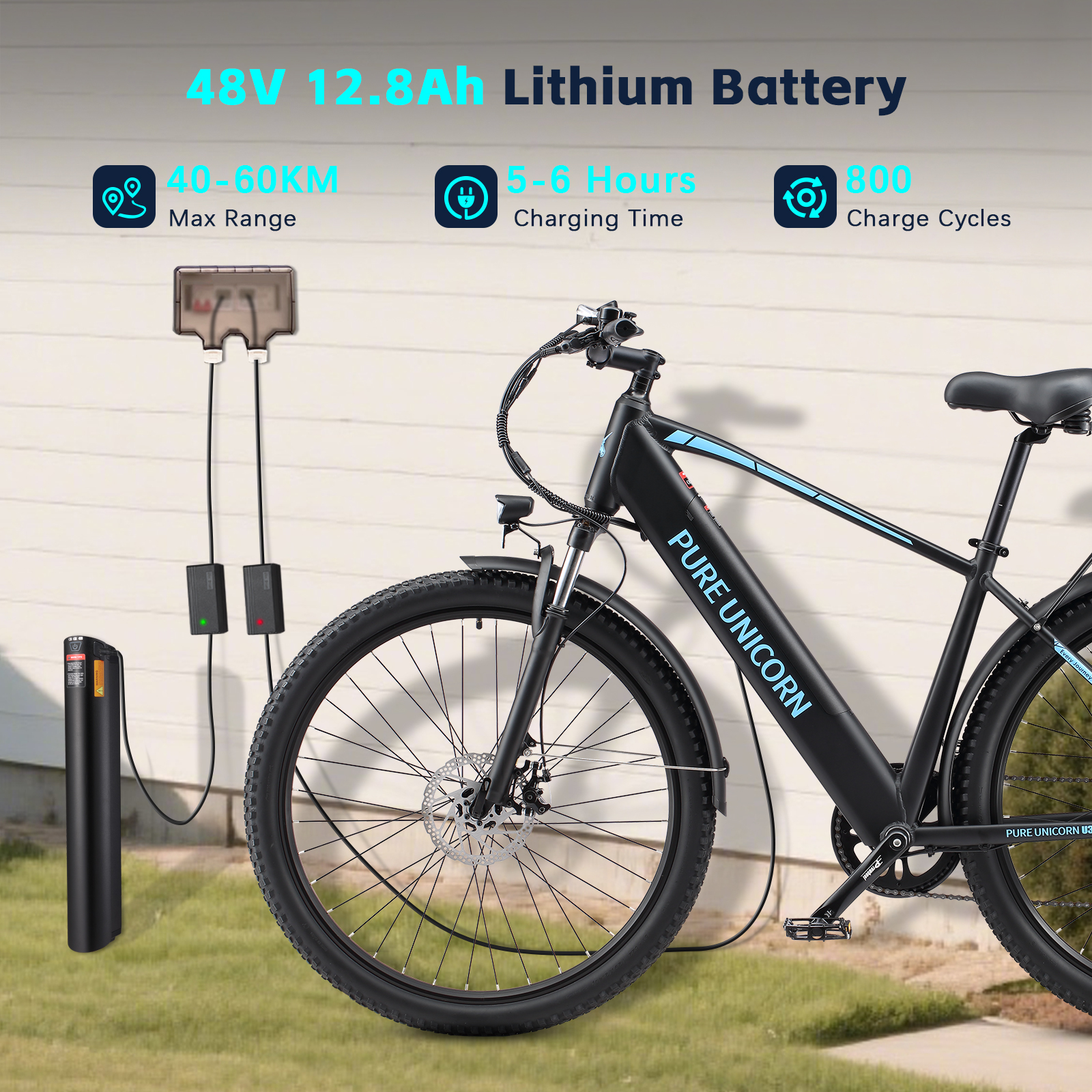 Bicicleta eléctrica negra con batería 48V 12,8Ah, alcance 40-60km, carga 5-6h.